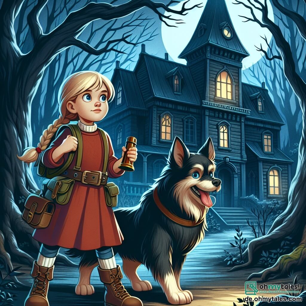 Une illustration destinée aux enfants représentant une jeune fille courageuse explorant un vieux manoir hanté avec l'aide de son fidèle chien, dans une forêt sombre et mystérieuse où des ombres menaçantes se cachent derrière les arbres centenaires.