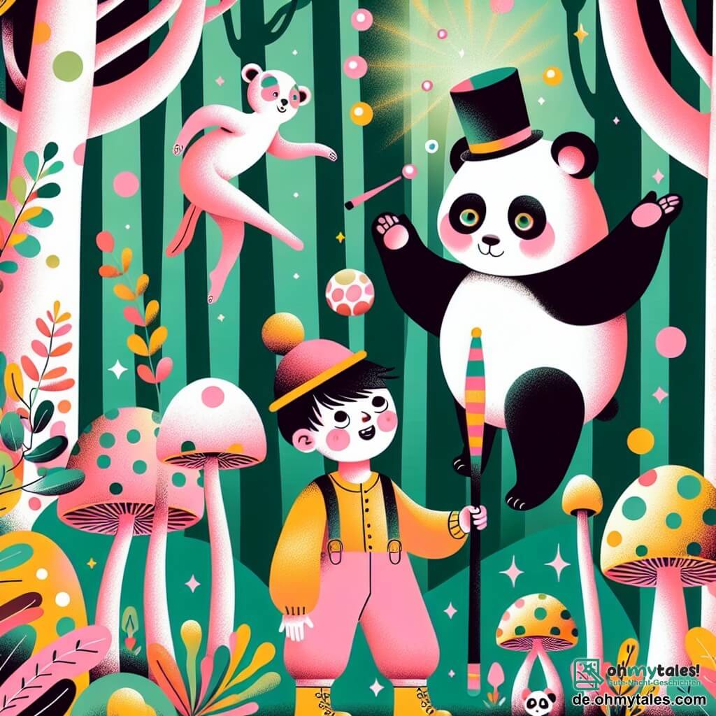 Une illustration destinée aux enfants représentant un garçon excentrique et curieux, se retrouvant accidentellement dans une aventure farfelue avec un panda jongleur rose à pois verts, dans une forêt enchantée remplie de champignons lumineux et d'arbres dansants.