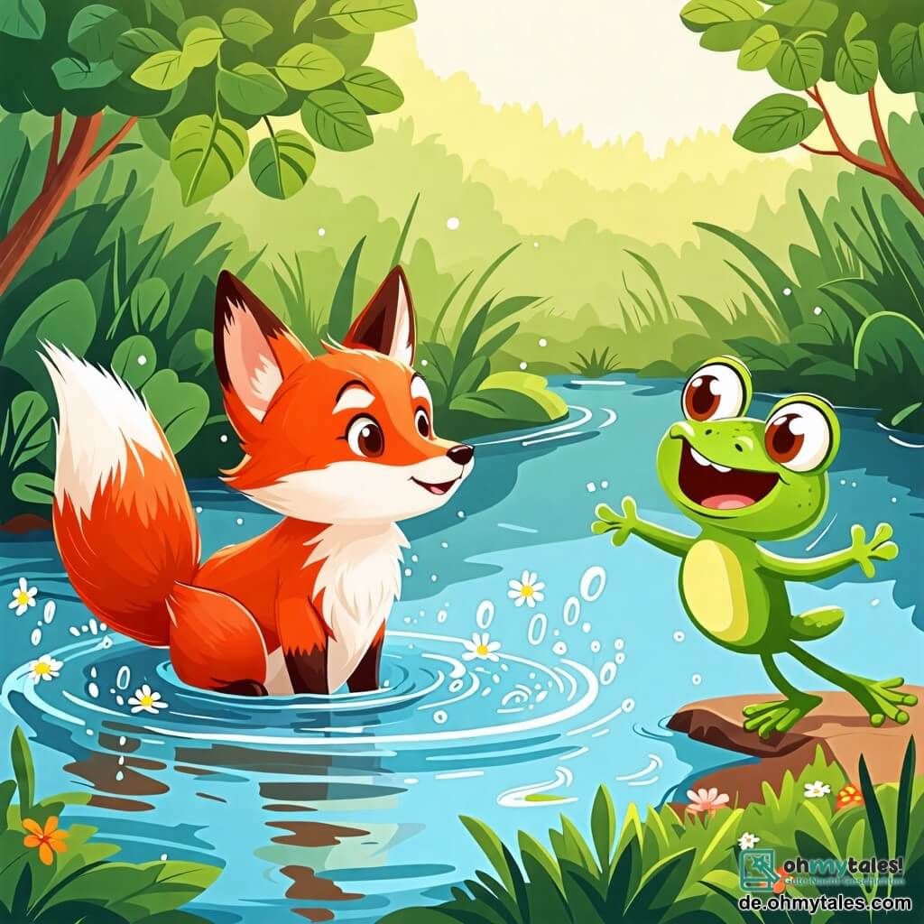 Une illustration sous forme de dessin destinée aux enfants représentant un paisible étang entouré de verdure, où un renard aux poils roux brillants et aux yeux malicieux, trempé et surpris, se débat dans l'eau, tandis qu'un petit grenouille verte, souriante et espiègle, saute joyeusement sur la berge en riant, capturant l'instant amusant où le renard, en essayant d'aider, a accidentellement chuté dans le teich, créant des éclaboussures scintillantes autour d'eux.