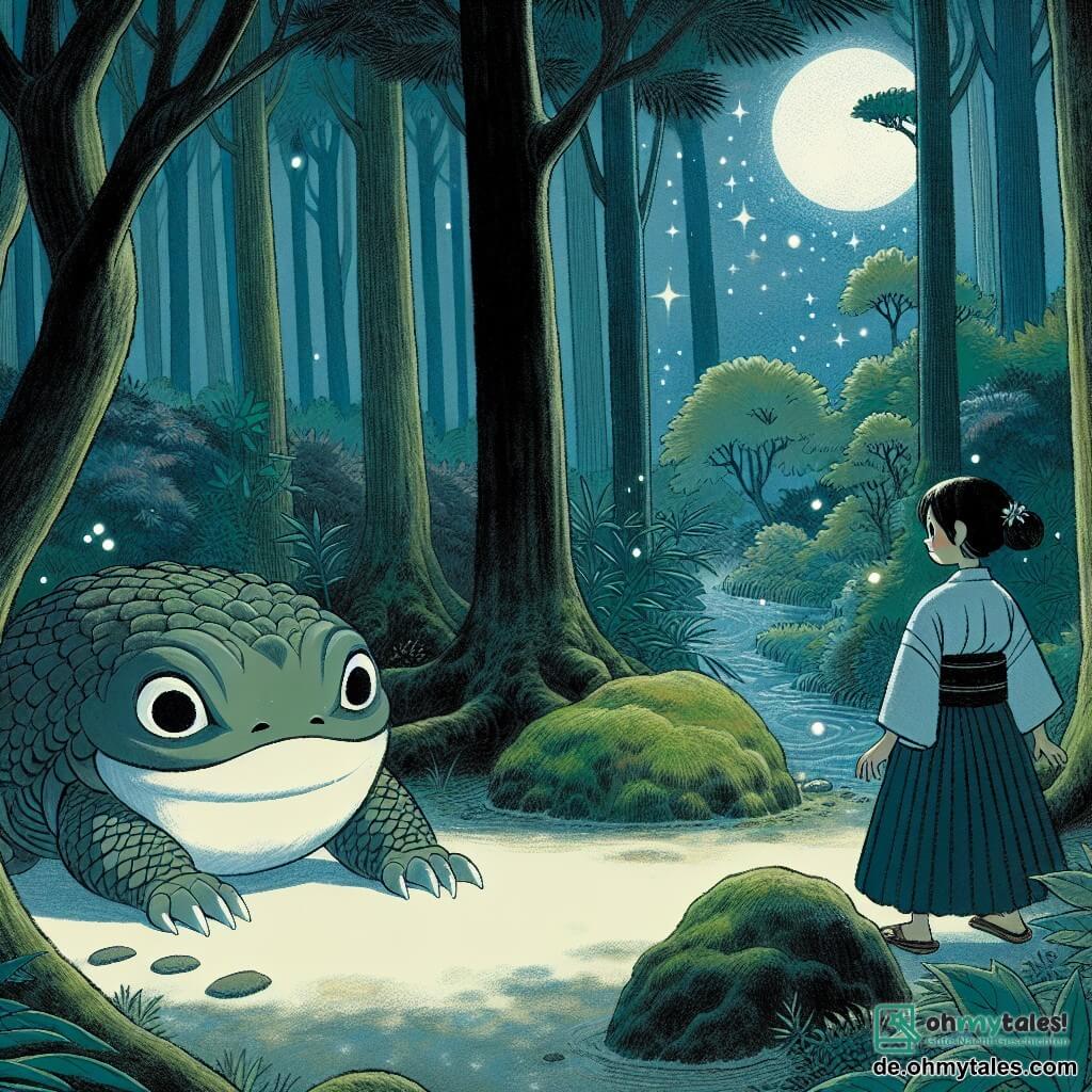 Une illustration destinée aux enfants représentant une jeune femme courageuse rencontrant un Kappa dans une clairière enchantée d'un mystérieux et sombre bois japonais.
