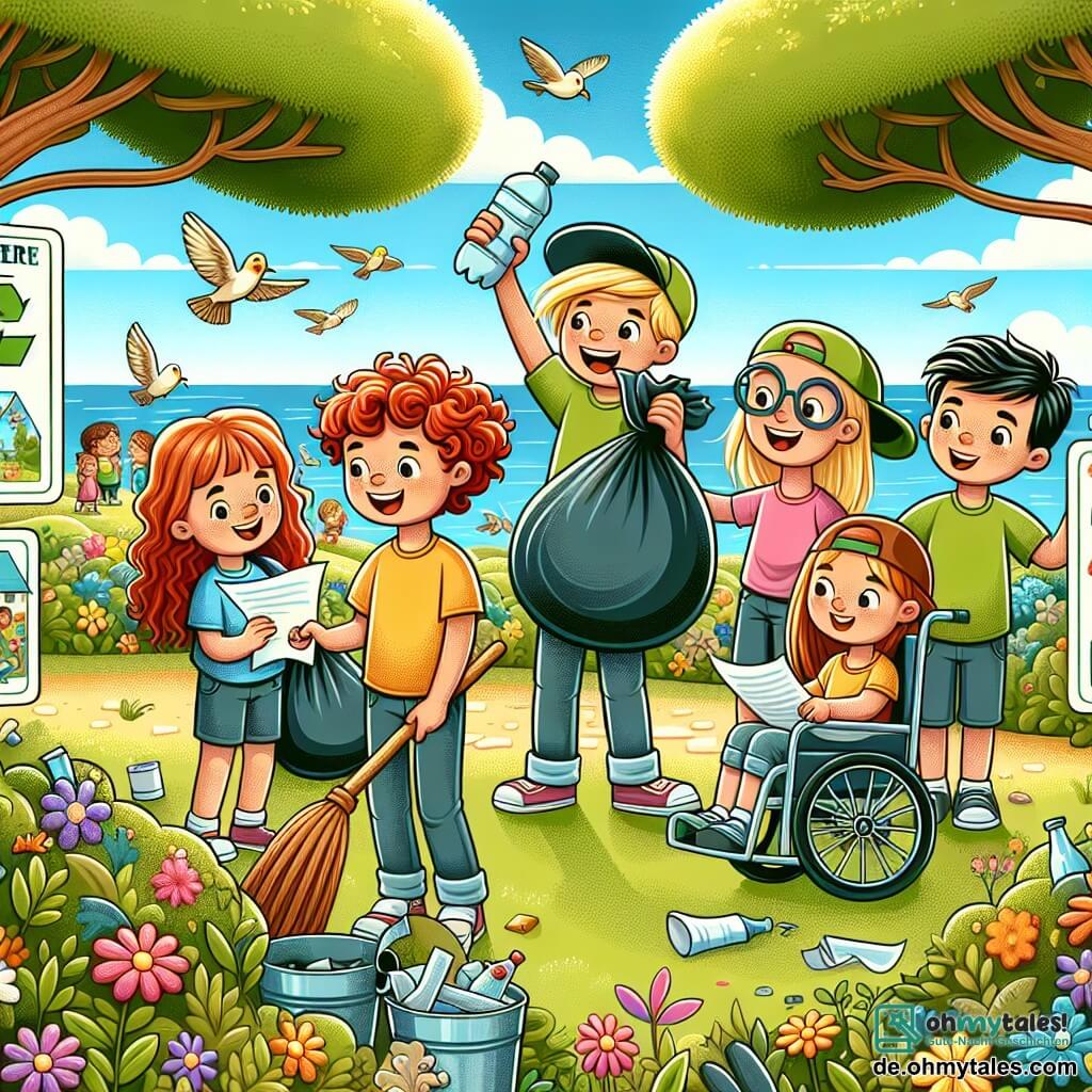 Illustration eines sonnigen Parks, gefüllt mit bunten Blumen und majestätischen Bäumen. In der Mitte sammelt eine Gruppe von vier Kindern, zwei Mädchen und zwei Jungen, Müll. Eines der Mädchen mit lockigem rotem Haar lächelt fröhlich, während es einen großen Müllsack hält. Das andere Mädchen mit braunem Haar und einer Mütze zeigt einen Flyer zum Umweltschutz. Ein Junge mit blonden Haaren und einem grünen T-Shirt hebt eine Plastikflasche mit entschlossenem Gesichtsausdruck. Der letzte Junge im Rollstuhl lacht und hält ein Paar Gartenhandschuhe. Im Hintergrund fliegen Vögel am blauen Himmel, und Kinder aus anderen Gruppen gesellen sich zu ihnen, was eine Atmosphäre von Kameradschaft und Freude schafft. Bunte Schilder an der Seite zeigen Botschaften über Recycling und Naturschutz.