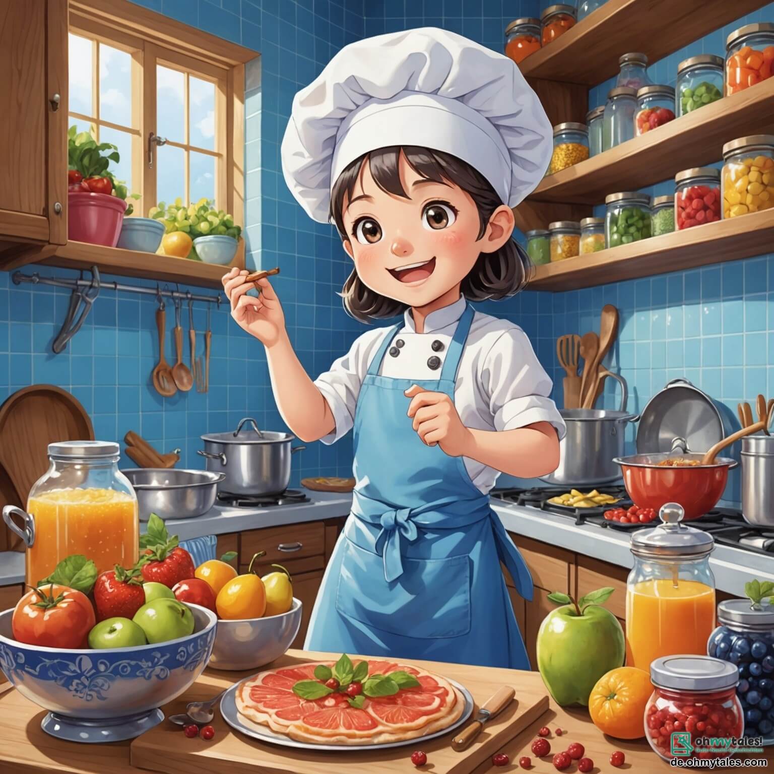 Une illustration destinée aux enfants représentant une chef cuisinière au sourire éclatant, vêtue d'une toque blanche et d'un tablier coloré, s'affairant avec passion dans une cuisine enchantée aux murs carrelés de bleu pastel, où des étagères débordent de pots d'épices scintillants et de fruits juteux, tandis qu'un garçon curieux aux yeux pétillants l'observe avec émerveillement, impatient de découvrir les secrets des recettes magiques qu'elle prépare.