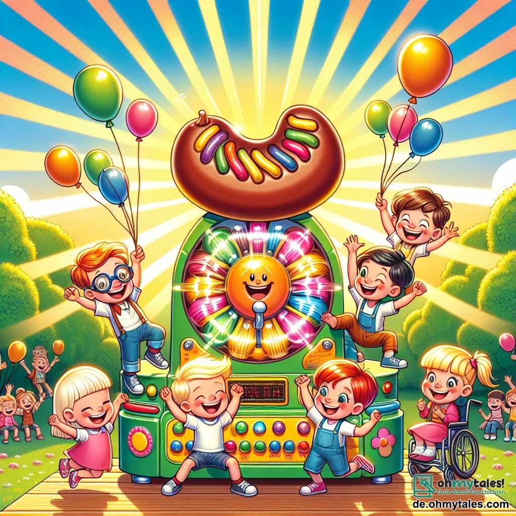 Une illustration sous forme de dessin destinée aux enfants représentant un parc ensoleillé et coloré, où un groupe de cinq enfants de 7 ans, trois garçons aux cheveux blonds et bruns, et deux filles aux cheveux châtains et roux, dansent joyeusement autour d'une grande machine à saucisses aux couleurs vives, avec des lumières clignotantes et des ballons flottants, tandis qu'un petit garçon avec des lunettes et une fille en fauteuil roulant les encourageent avec des sourires éclatants, illustrant leur défi amusant de conquérir la mystérieuse Wurstmaschine pour gagner un énorme prix en chocolat.