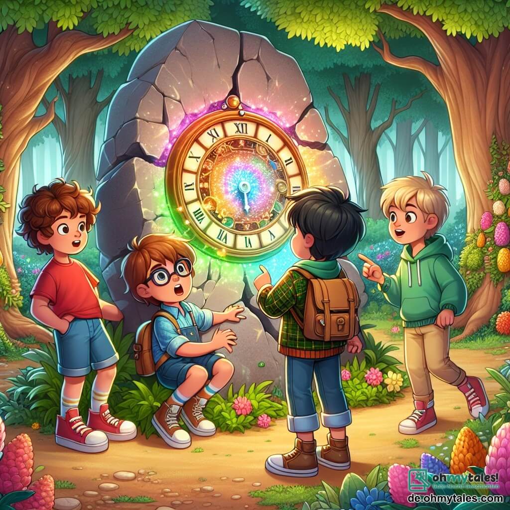 Illustration eines verwunschenen Gartens, gefüllt mit bunten Blumen und großen Bäumen mit üppigem Laub. In der Mitte liegt ein großer, zerbrochener Stein, auf dem eine kleine magische Uhr ruht, die farbenfrohe Lichtstrahlen ausstrahlt. Vier Jungen, etwa acht Jahre alt, stehen um den Stein. Der erste Junge, mit lockigem braunem Haar, trägt ein rotes T-Shirt und eine blaue Shorts und schaut mit weit aufgerissenen Augen auf die Uhr. Der zweite Junge, mit blonden Haaren und Brille, trägt ein kariertes Hemd und beiges Hosen, er zeigt mit einem bewundernden Lächeln auf die Uhr. Der dritte Junge, mit glattem schwarzen Haar, trägt einen grünen Hoodie und Jeans und scheint intensiv nachzudenken, die Arme verschränkt. Der letzte Junge, mit zerzausten roten Haaren, trägt ein gelbes T-Shirt und eine schwarze Shorts und ist dabei, einen Knopf an der Uhr zu drücken. Die Szene fängt den Moment ein, in dem die Jungen die Magie der Uhr entdecken, bereit für ein unglaubliches Abenteuer in der Zeit. Bunte Schmetterlinge fliegen um sie herum und verleihen der Atmosphäre einen Hauch von Magie.
