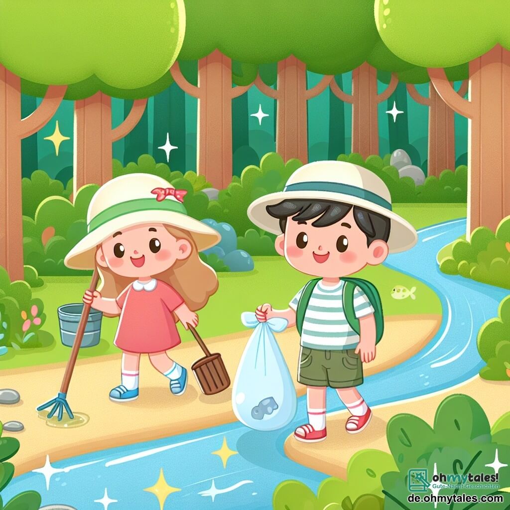Une illustration destinée aux enfants représentant un petit garçon curieux ramassant des déchets avec sa famille dans une forêt luxuriante, accompagné de sa petite sœur, une fillette joyeuse portant un chapeau de soleil, entourés de grands arbres verts et d'un ruisseau étincelant.