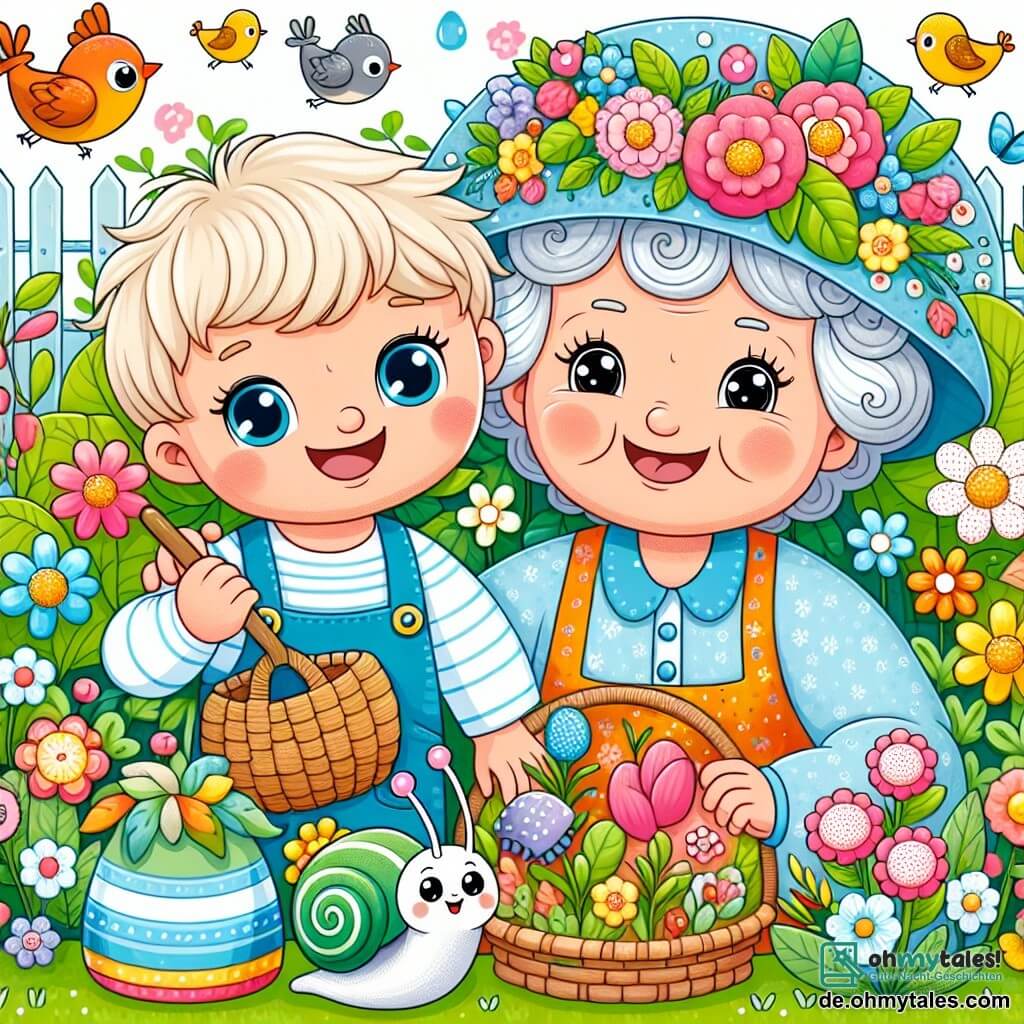 Une illustration destinée aux enfants représentant un garçon blond aux yeux bleus, accompagné d'une gentille dame aux cheveux gris portant une mignonne mütze fleurie, dans un jardin coloré rempli de fleurs et d'oiseaux, célébrant un festin printanier avec une petite amie escargot.