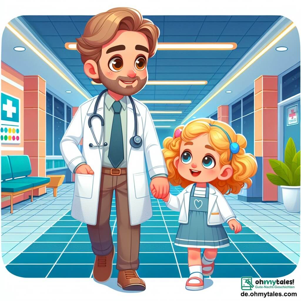 Une illustration destinée aux enfants représentant un médecin bienveillant en blouse blanche, accompagné de sa fille curieuse aux boucles d'or, explorant ensemble les couloirs lumineux et colorés d'un grand hôpital.