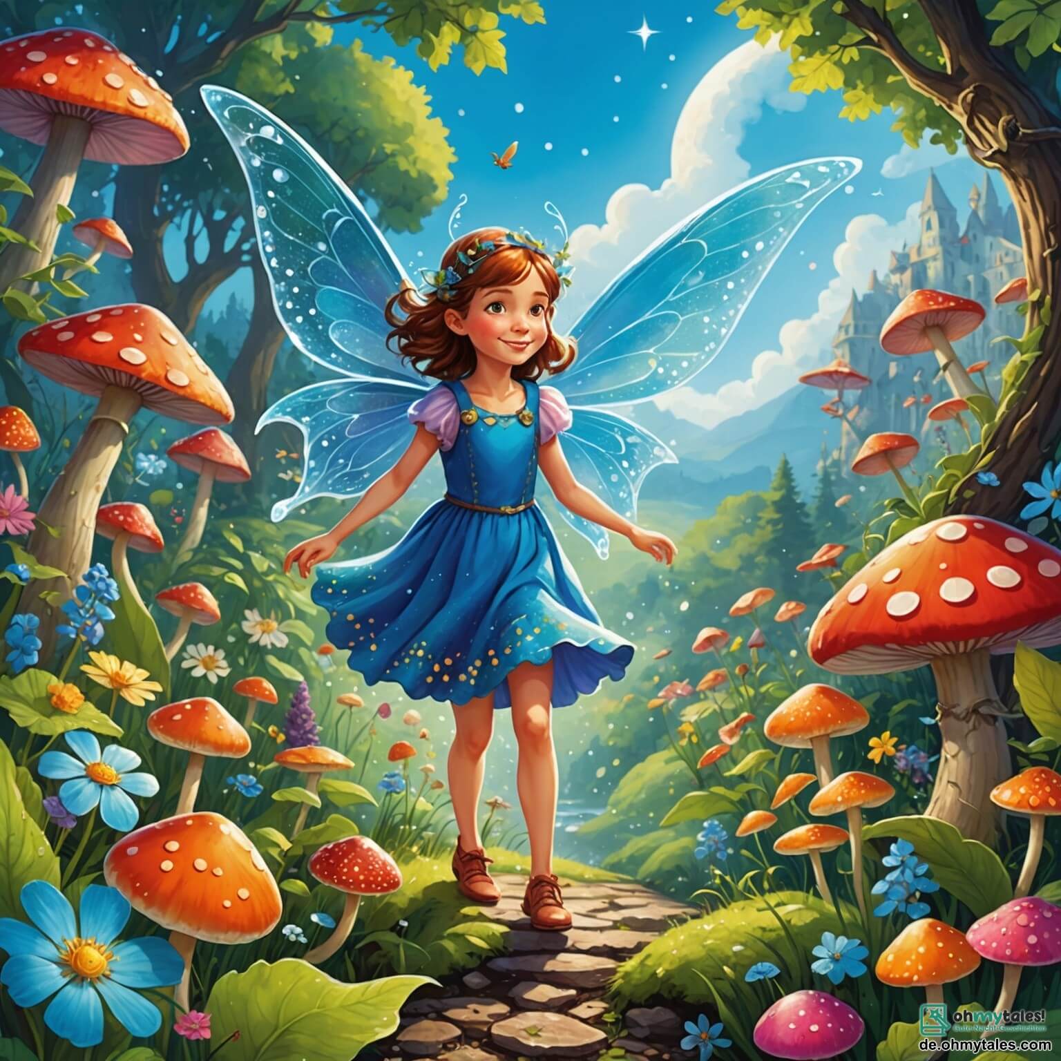 Une illustration destinée aux enfants représentant une fée pétillante aux ailes scintillantes comme des gouttes de rosée, se trouvant dans une clairière enchantée, entourée de fleurs géantes aux couleurs éclatantes et de champignons multicolores, alors qu'elle tente de sauver son ami le petit dragon rigolo, dont les écailles brillent comme des étoiles, d'un sort malicieux lancé par un sorcier farceur, le tout sous un ciel bleu parsemé de nuages cotonneux.