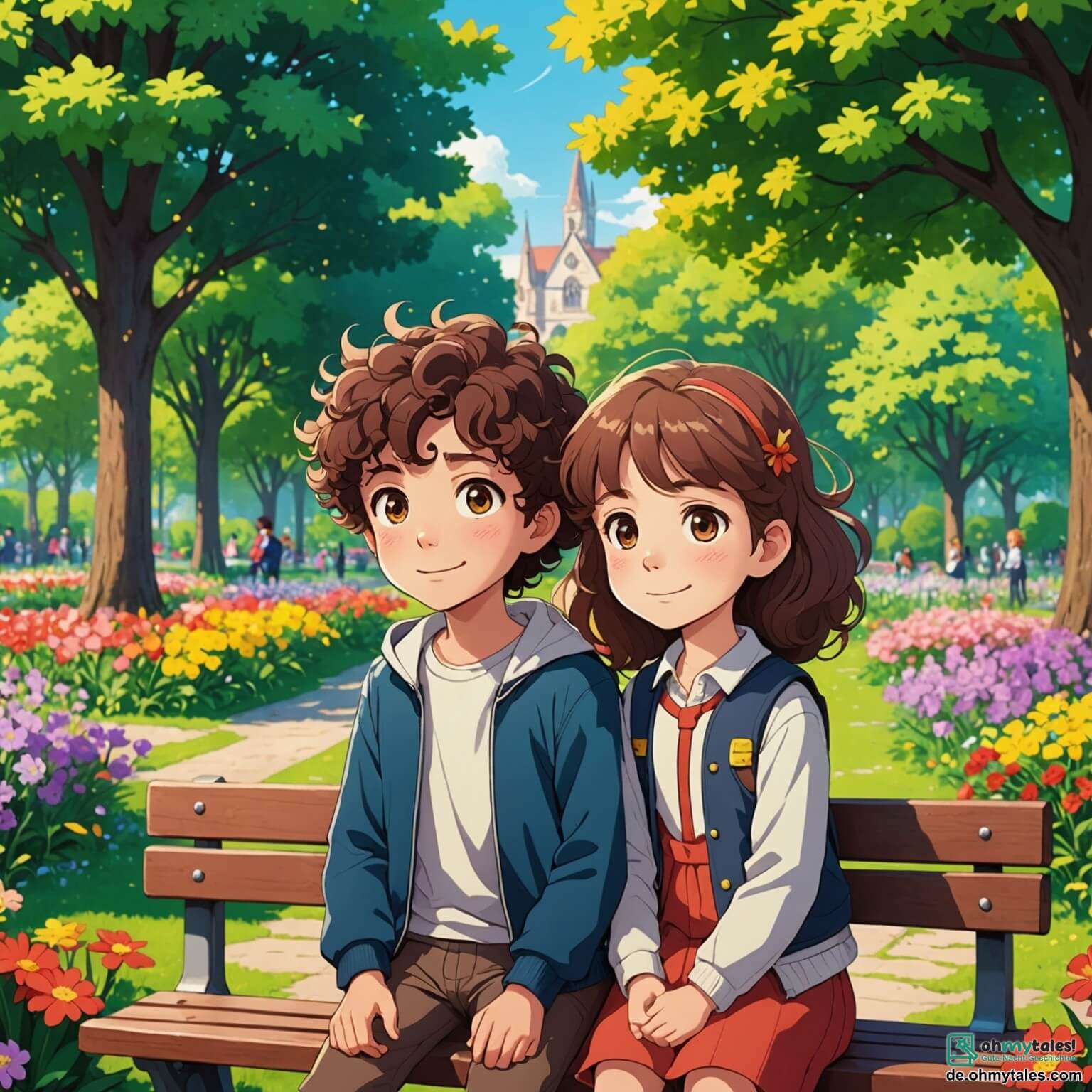 Une illustration destinée aux enfants représentant un petit garçon aux cheveux bouclés et aux yeux pétillants, qui se tient au milieu d'un parc coloré rempli de fleurs éclatantes et d'arbres majestueux, où il rencontre une nouvelle amie, une fille timide aux longs cheveux bruns, assise sur un banc, alors qu'ils apprennent ensemble à surmonter leurs différences et à célébrer leur amitié naissante.