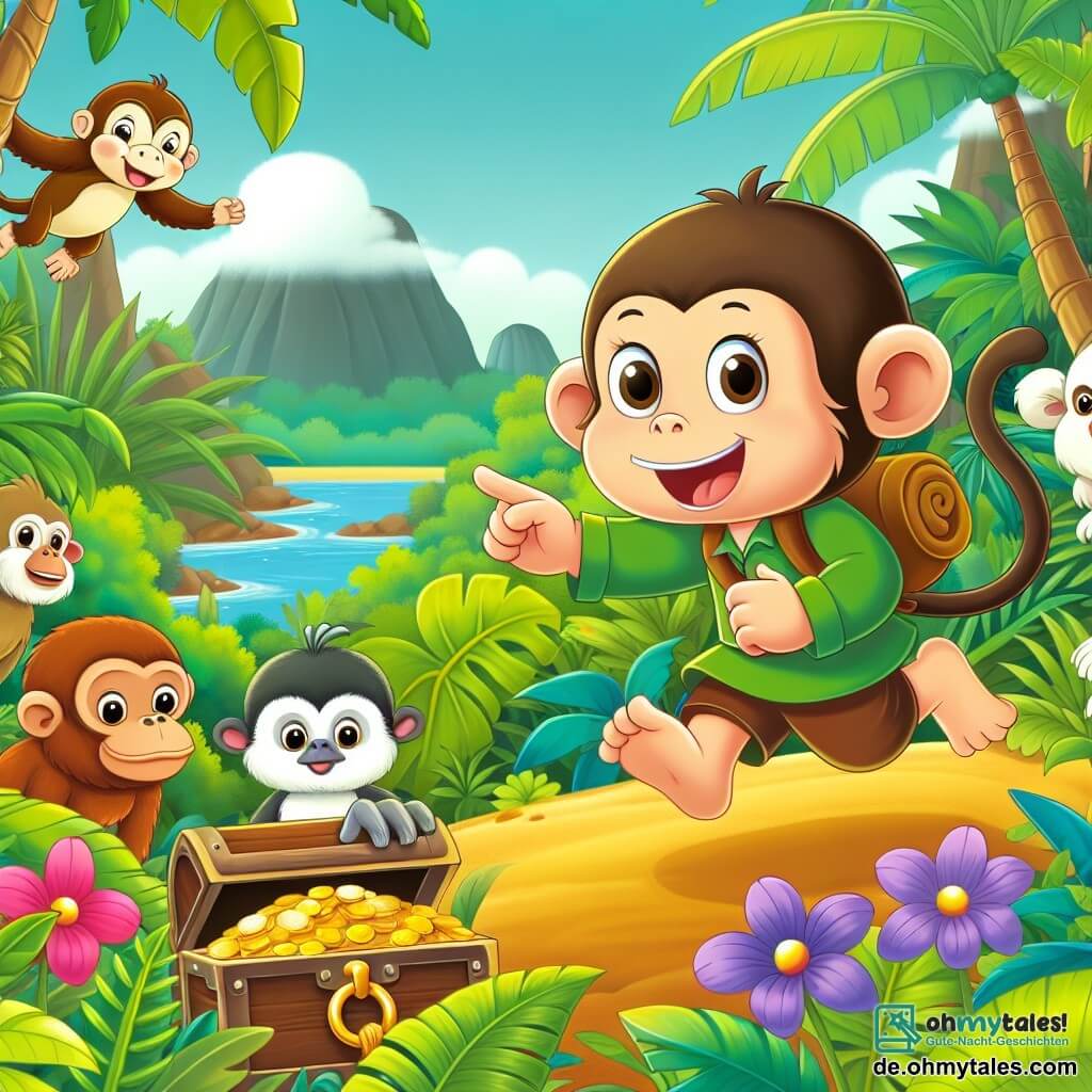 Une illustration destinée aux enfants représentant une jeune guenon malicieuse se lançant dans une aventure pour trouver un trésor perdu, accompagnée de ses amis animaux, dans un luxuriant et coloré jungle tropical.