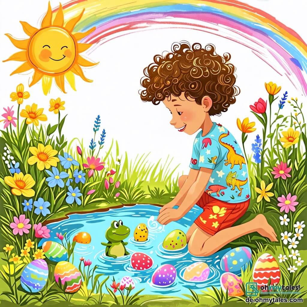 Une illustration sous forme de dessin destinée aux enfants représentant un jardin ensoleillé et coloré, rempli de fleurs éclatantes et d'un petit étang scintillant, où un garçon de 8 ans aux cheveux bruns et bouclés, vêtu d'un t-shirt à motifs de dinosaures et de shorts colorés, s'amuse à plonger des œufs de Pâques multicolores dans un étang magique avec l'aide d'un petit frosch aux yeux ronds et brillants, qui saute joyeusement autour de lui, tandis qu'un arc-en-ciel lumineux se dessine dans le ciel, symbolisant la magie et la joie de cette journée de Pâques.