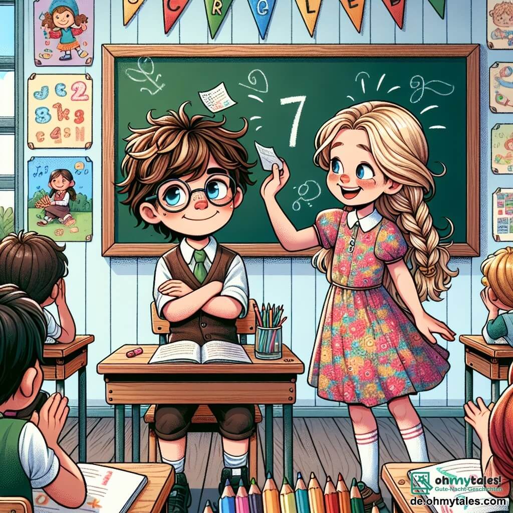 Illustration einer lebhaften Szene in einem bunten Klassenzimmer. Die Wände sind mit Kinderzeichnungen dekoriert, und es gibt Plakate mit Buchstaben und Zahlen. In der Mitte steht eine große Tafel, umgeben von Holztischen. Ein etwa 8-jähriger Junge mit unordentlichen braunen Haaren und einer Brille sitzt auf einer Bank, mit einem schüchternen Lächeln im Gesicht. Neben ihm ermutigt ein 7-jähriges Mädchen mit langen geflochtenen blonden Haaren und einem Blumenkleid ihn mit einem warmen Blick. Sie hat die Arme geöffnet, bereit ihm zu helfen. Die Hauptsituation zeigt den Jungen, der etwas nervös ein zerknittertes Blatt Papier hält, während das Mädchen ihm die Hand reicht, um ihn zu ermutigen aufzustehen und teilzunehmen. Im Hintergrund schauen andere Kinder, Jungen und Mädchen, interessiert zu, einige klatschen leise. Auf dem Tisch liegen Buntstifte und offene Bücher, die der Szene eine lebendige Note verleihen und eine fröhliche, freundliche Lernumgebung hervorrufen.