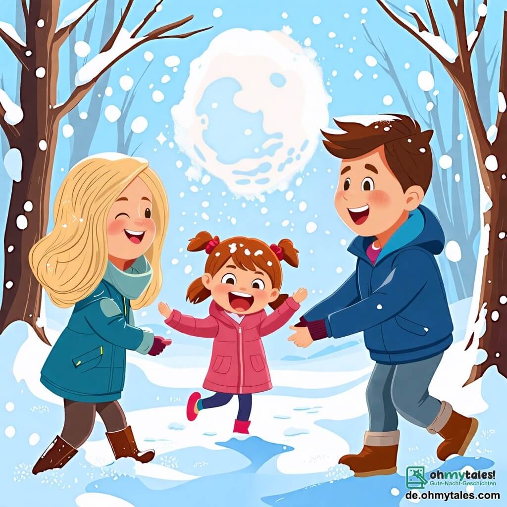 Une illustration sous forme de dessin destinée aux enfants représentant un paysage hivernal féérique avec des arbres recouverts de neige, au centre une petite fille de 2 ans avec de grands yeux pétillants, portant un manteau rouge vif et une écharpe rayée, qui rit en lançant un gros bonhomme de neige avec son papa, un homme souriant aux cheveux bruns, vêtu d'une veste bleue, tandis que la maman, une femme aux cheveux longs et blonds, les observe joyeusement, le tout baigné dans une douce lumière d'hiver.
