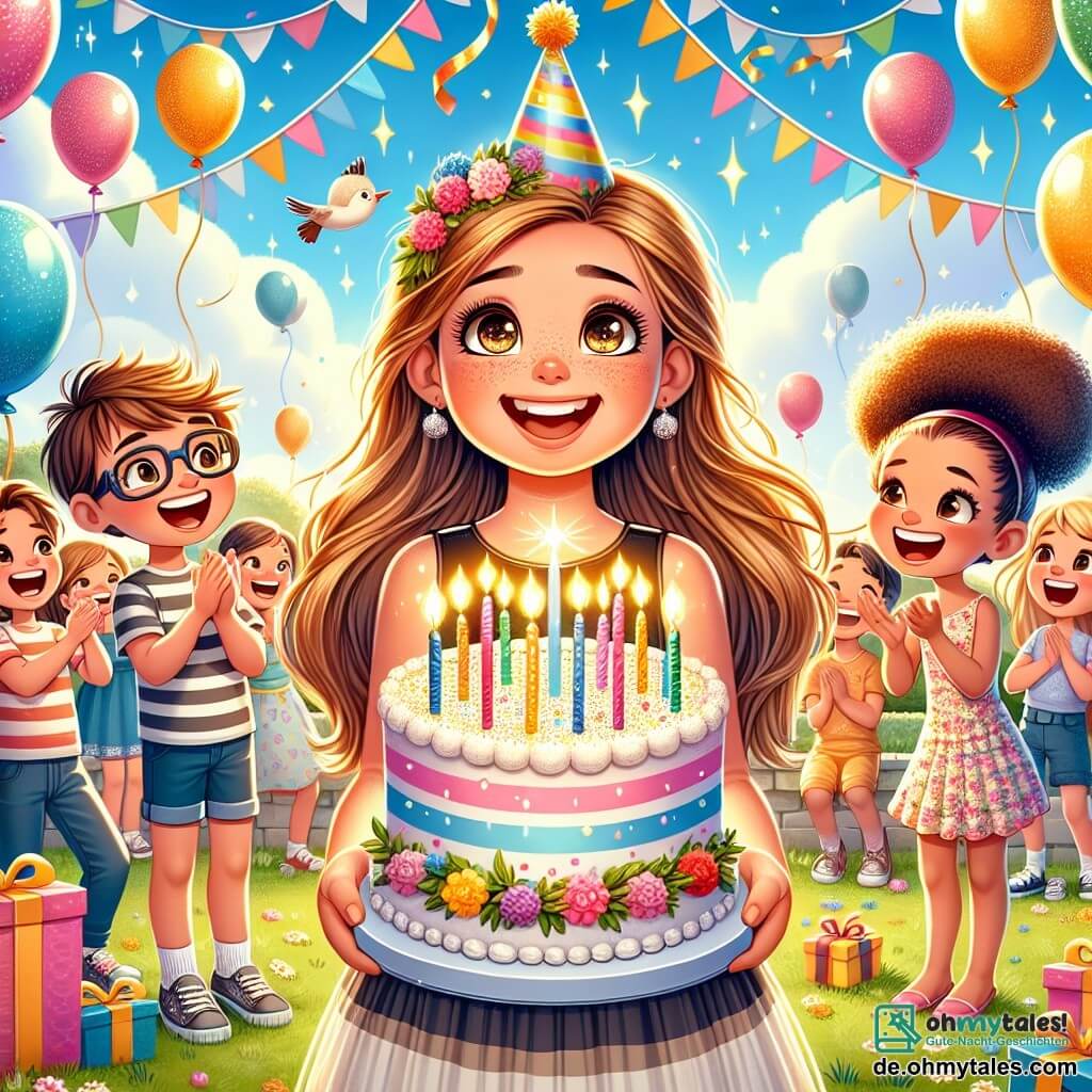 Illustration einer fröhlichen Szene in einem sonnigen Park, geschmückt mit bunten Ballons und festlichen Girlanden. Im Zentrum des Bildes lächelt ein 8-jähriges Mädchen mit langen braunen Haaren und funkelnden Augen, während es einen wunderschönen Geburtstagstorte mit glitzernden Kerzen hält. Neben ihr applaudiert ein 10-jähriger Junge mit blonden Haaren und Brille begeistert, während ein weiteres 9-jähriges Mädchen mit lockigem Haar und einem Blumenkleid sich darauf vorbereitet, die Kerzen mit einem großen Lächeln auszublasen. Im Hintergrund lachen und haben Freunde Spaß, einige halten bunte Geschenke. Der Himmel ist blau mit einigen weißen Wolken, und Vögel fliegen fröhlich. Die Atmosphäre ist voller Freude und Feierlichkeit und fängt den Geist eines unvergesslichen Geburtstags ein.