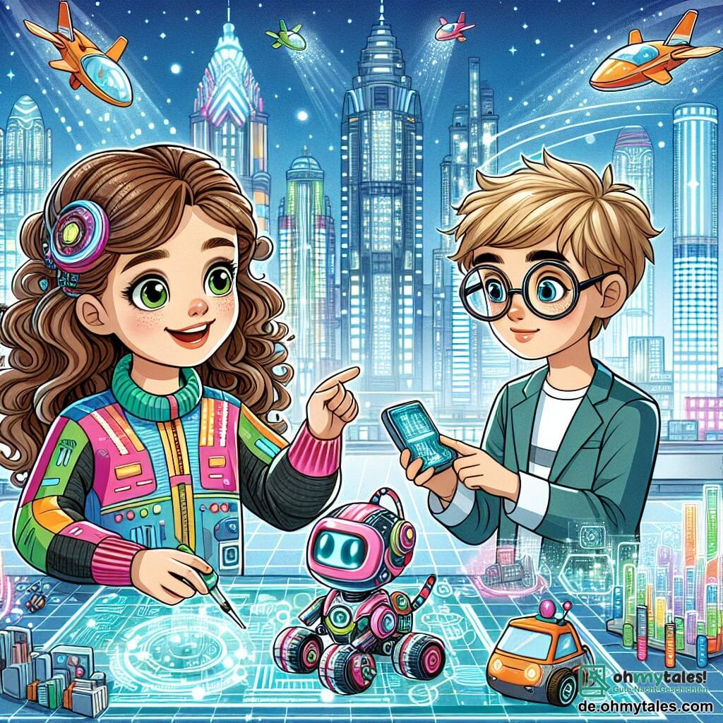 Une illustration sous forme de dessin destinée aux enfants représentant une ville futuriste aux gratte-ciels scintillants et aux véhicules volants, avec au premier plan une fille de 11 ans aux cheveux bruns et bouclés, portant une combinaison technologique colorée, en train de travailler avec enthousiasme sur un petit robot aux yeux lumineux, tandis qu'à ses côtés se tient un garçon aux lunettes rondes et aux cheveux blonds, observant avec curiosité un écran holographique affichant des données, le tout dans une atmosphère d'excitation et de découverte, alors qu'ils tentent de résoudre un mystère technologique pour sauver leur ville.