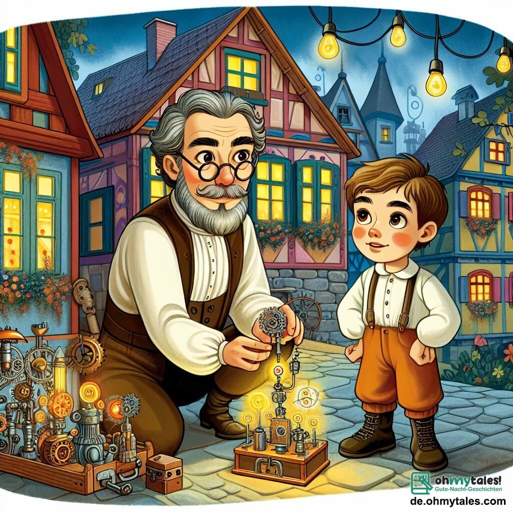 Une illustration destinée aux enfants représentant un inventeur homme, accompagné d'un garçon curieux, dans sa maison pleine de machines mystérieuses et lumineuses, située dans la petite ville colorée de Sonnenhausen.