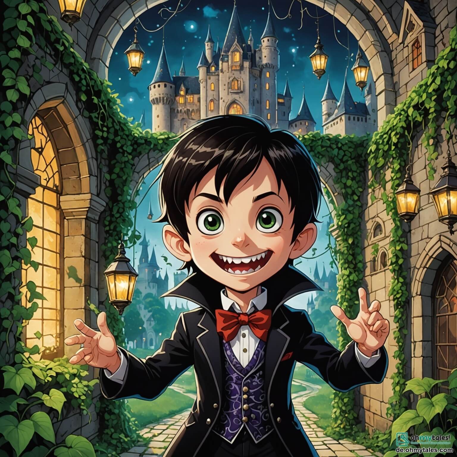 Une illustration destinée aux enfants représentant un vampire espiègle aux grandes dents scintillantes et aux yeux pétillants de malice, flottant joyeusement dans une vieille et mystérieuse château aux murs couverts de lianes vertes et de toiles d'araignées scintillantes, où des éclats de rire résonnent à travers les salles ornées de chandeliers en cristal, tandis qu'il s'apprête à organiser une fête hilarante avec ses amis, un petit garçon courageux aux cheveux en bataille et un dragon rigolo aux écailles chatoyantes, tous deux prêts à vivre des aventures farfelues dans ce monde enchanteur où la magie et l'humour se rencontrent à chaque coin de couloir.