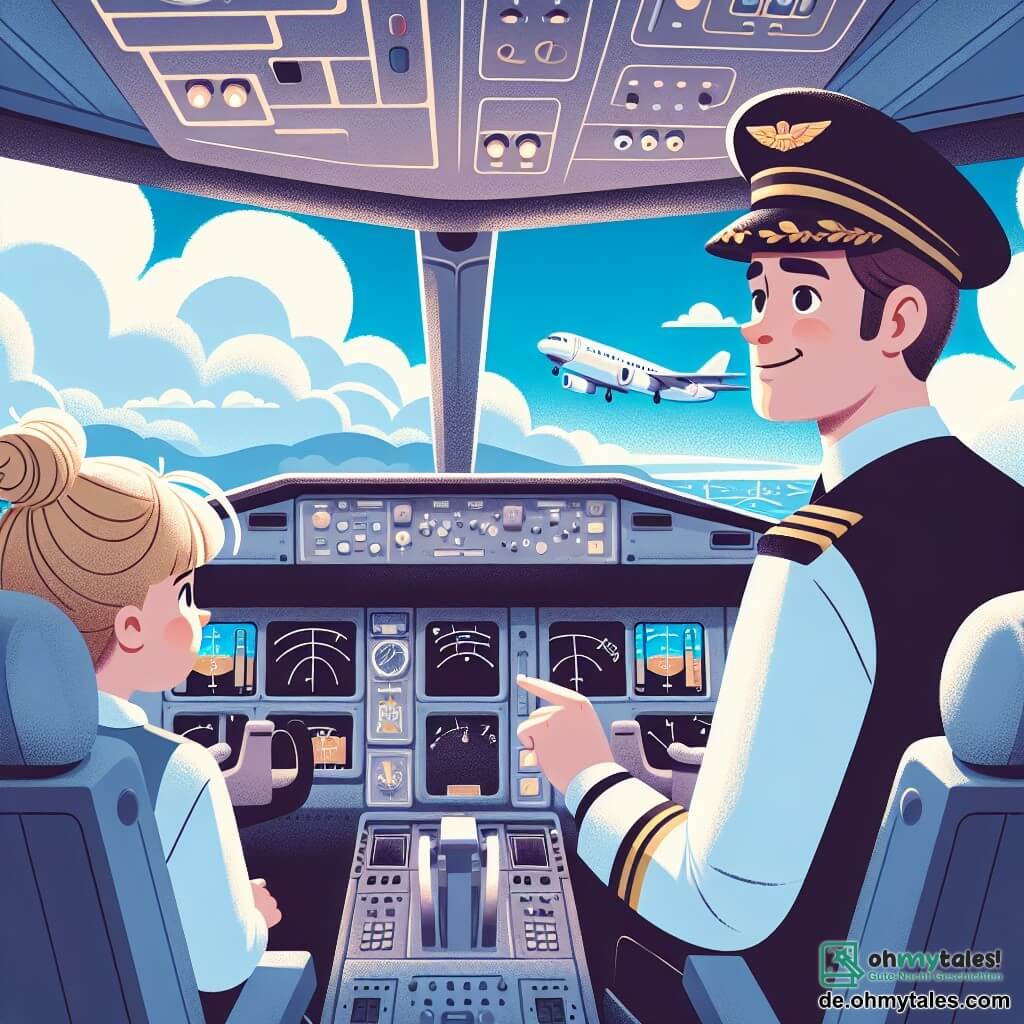 Illustration eines modernen Flugzeugcockpits mit großen Fenstern, die einen spektakulären Blick auf einen blauen Himmel mit flauschigen weißen Wolken bieten. Drinnen steht ein Mann in Pilotuniform mit einer Mütze, die mit einem goldenen Abzeichen verziert ist, fest am Steuer. Er hat braune Haare, funkelnde Augen voller Entschlossenheit und ein selbstbewusstes Lächeln auf dem Gesicht. Neben ihm sitzt eine junge Frau, etwa 30 Jahre alt, mit zu einem Dutt gebundenen blonden Haaren, die eine Co-Pilotinnenbluse trägt und aufmerksam die Fluginstrumente beobachtet, bereit, dem Piloten zu assistieren. Die Szene spielt sich ab, während das Flugzeug durch Turbulenzen fliegt, die Instrumente leicht blinken und der Pilot die Passagiere über das Mikrofon beruhigt. Im Hintergrund zeigen Kinder, die in ihren Sitzen sitzen, Ausdrücke von Aufregung und Staunen, einige zeigen auf die Wolken draußen. Flugzeugspielzeuge und Bücher über das Fliegen sind auf den Tischen der Passagiere verteilt und verleihen der Illustration eine spielerische Note. Insgesamt vermittelt die Szene eine Atmosphäre von Abenteuer und Entdeckung, die die Fantasie junger Zuschauer fesselt.