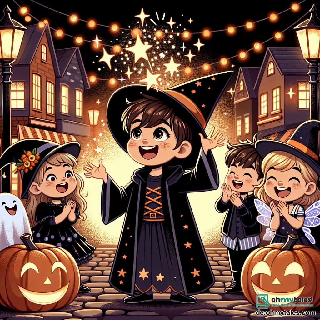 Une illustration sous forme de dessin destinée aux enfants représentant une rue festive décorée pour Halloween, avec des lumières orange scintillantes et des citrouilles souriantes, au centre un garçon de 7 ans aux cheveux bruns et aux yeux pétillants, vêtu d'un costume de petit sorcier noir avec un grand chapeau, en train de lancer des étoiles scintillantes dans les airs, tandis qu'à ses côtés, une fille aux cheveux blonds en costume de fée et un garçon en costume de fantôme rient et applaudissent, tous trois partageant un moment magique de camaraderie et d'aventure.
