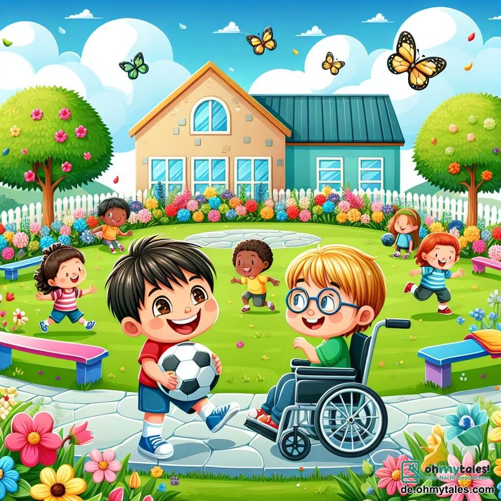 Illustration eines wunderschönen sonnigen Schulgartens, gefüllt mit bunten Blumen und fröhlich bemalten Bänken. In der Mitte windet sich ein Weg aus glatten Steinen durch den Garten, der es den Kindern ermöglicht, sich leicht zu bewegen. Zwei Jungen, einer sechs Jahre alt mit braunen Haaren und funkelnden Augen, lächelt fröhlich, während er einen Fußball hält. Der andere Junge, ebenfalls sechs Jahre alt, hat blonde Haare und trägt eine Brille. Er sitzt in einem Rollstuhl und hat ein großes Lächeln im Gesicht, bereit, den Ball zu werfen. Die Szene zeigt die beiden Jungen, die zusammen spielen, und veranschaulicht die Freude an Freundschaft und Inklusion. Kinder unterschiedlicher Herkunft spielen um sie herum und schaffen eine Atmosphäre des Glücks und der Kameradschaft. Schmetterlinge fliegen um die Blumen und verleihen diesem Moment des Teilens und der Solidarität einen Hauch von Magie.