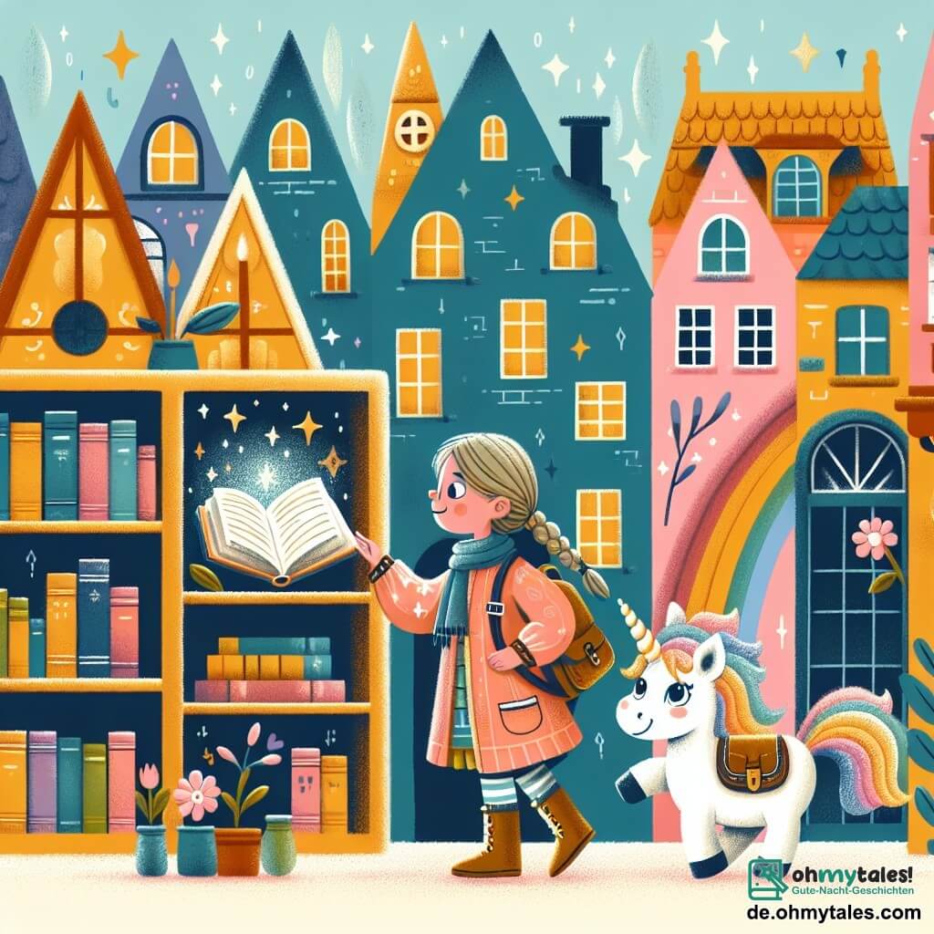 Une illustration destinée aux enfants représentant une fille courageuse découvrant un livre magique dans un trödel (boutique d'antiquités) poussiéreux, accompagnée d'un adorable et bavard unicorn blanc à la crinière scintillante, dans une ville colorée appelée Bunteburg, où les maisons ressemblent à des arcs-en-ciel et les rues portent des noms enchantés.