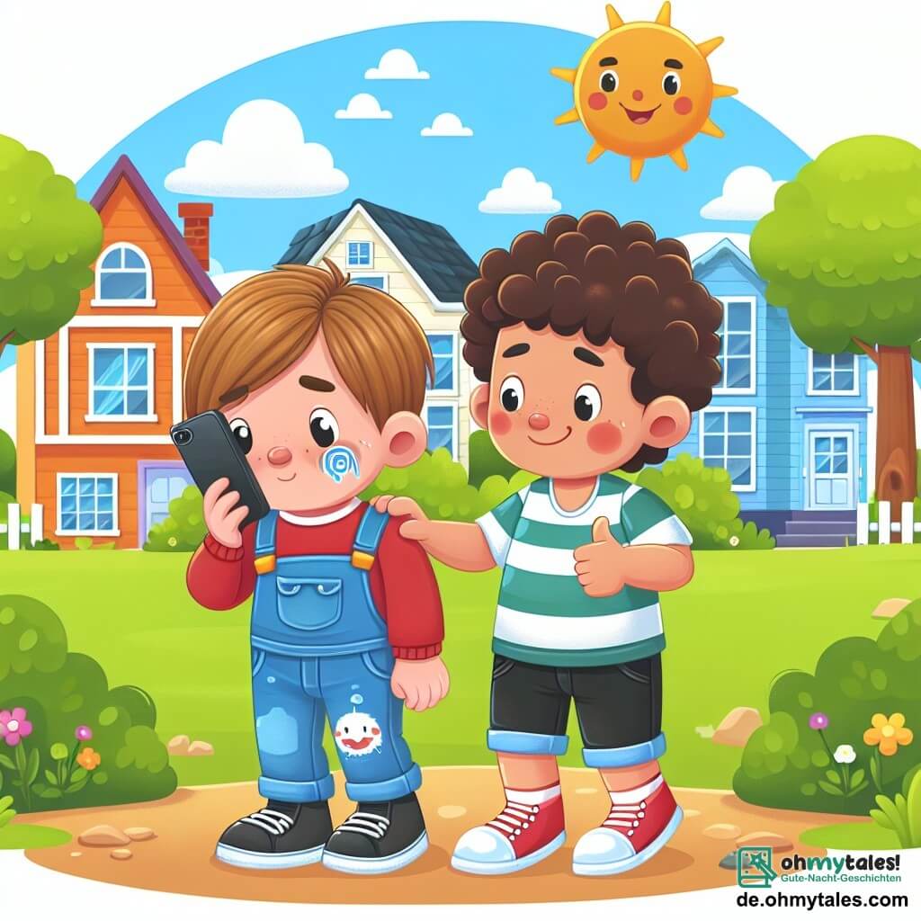 Une illustration destinée aux enfants représentant un petit garçon courageux confronté au cyberharcèlement, soutenu par son nouvel ami, un garçon joyeux aux cheveux bouclés, dans une petite ville ensoleillée avec des maisons colorées et un grand parc verdoyant.