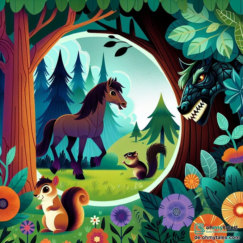 Une illustration destinée aux enfants représentant un jeune cheval courageux, une situation de ténèbres menaçantes, un petit écureuil malicieux, dans une forêt enchantée aux arbres majestueux et aux fleurs aux couleurs vives.