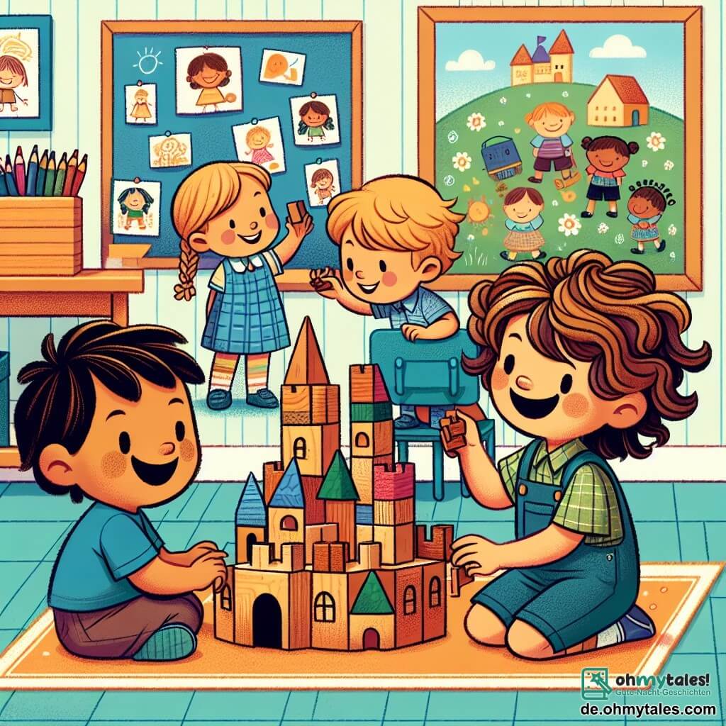 Une illustration sous forme de dessin destinée aux enfants représentant une salle de classe colorée et accueillante, avec des murs ornés de dessins d'enfants, où un garçon de 3 ans aux cheveux blonds et bouclés, portant un t-shirt bleu et un petit sac à dos, est assis par terre en train de construire un grand château en blocs de bois, tandis qu'un garçon aux cheveux bruns et un sourire éclatant, ainsi qu'une fille aux cheveux longs et châtains, les rejoignent avec enthousiasme, tous trois riant et partageant des idées, illustrant ainsi la joie de faire de nouveaux amis lors de leur première journée d'école.