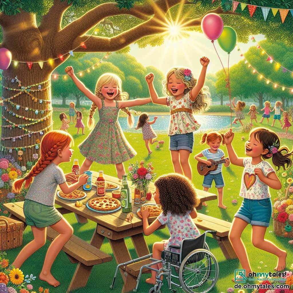 Illustration eines sonnigen Parks, gefüllt mit üppigem Grün und bunten Blumen. In der Mitte spendet eine große Eiche Schatten, während ein kleiner See unter der Sonne glitzert. Drei Mädchen im Alter von etwa 10 Jahren versammeln sich um einen Picknicktisch. Das erste Mädchen mit geflochtenen blonden Haaren trägt ein Blumenkleid und lächelt fröhlich, während es ein Stück Pizza hält. Das zweite Mädchen mit lockigen braunen Haaren sitzt im Rollstuhl, trägt ein buntes T-Shirt und spielt begeistert Ukulele. Das dritte Mädchen mit braunen Haaren, die zu einem Pferdeschwanz gebunden sind, trägt Shorts und ein T-Shirt und tanzt energetisch mit erhobenen Armen gen Himmel. Die Szene zeigt die Mädchen, die ihr eigenes Sommermusikfestival feiern, umgeben von Freunden, die tanzen und singen. Bunte Ballons schweben in der Luft, und Girlanden schmücken den Raum. Teller mit Essen, Getränke und Musikinstrumente sind auf dem Tisch verteilt und schaffen eine festliche und fröhliche Atmosphäre.