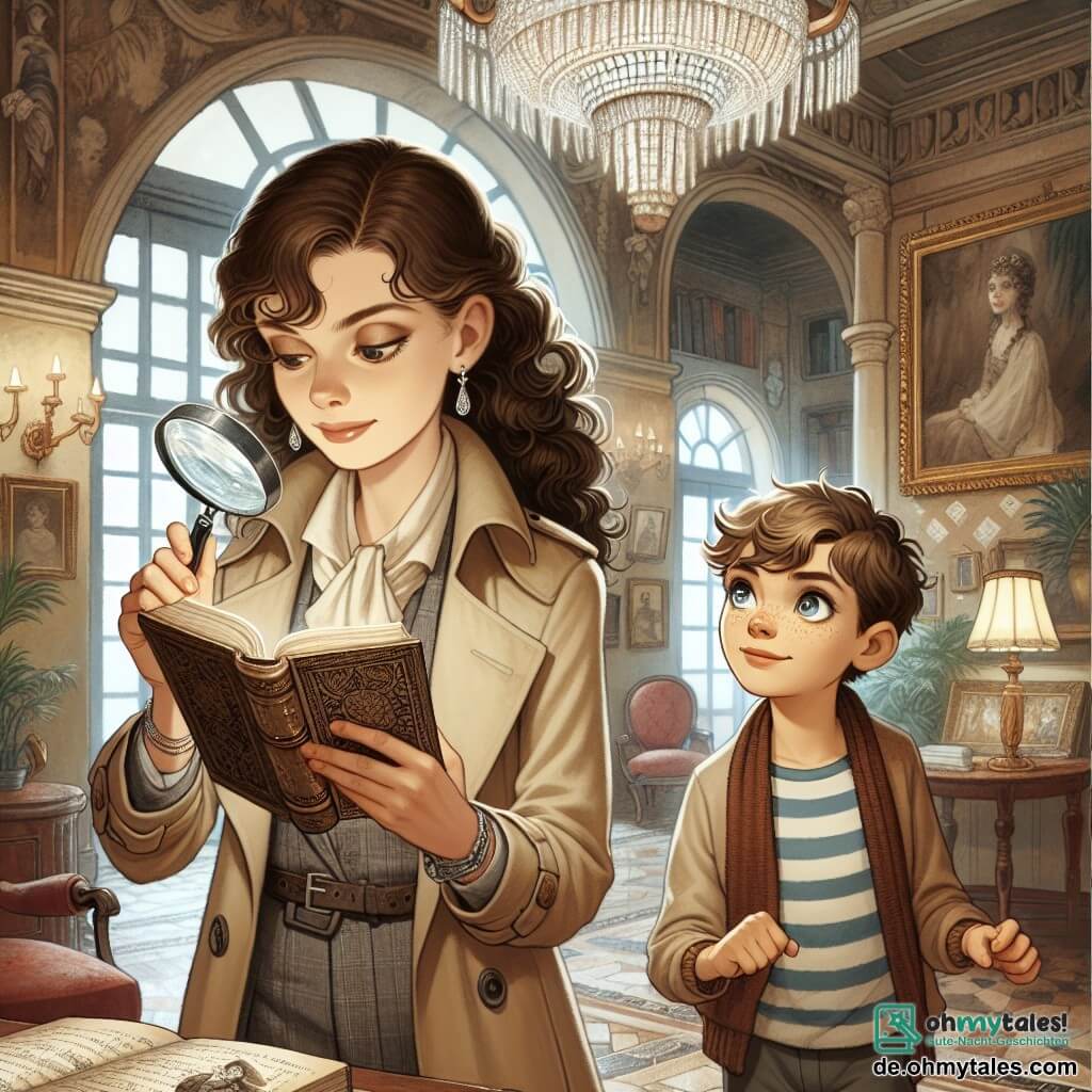 Une illustration sous forme de dessin destinée aux enfants représentant l'intérieur d'une vieille villa mystérieuse, avec des murs ornés de tableaux poussiéreux et un grand chandelier en cristal, où une femme détective aux cheveux bruns et bouclés, portant un trench-coat beige et une loupe à la main, examine attentivement un vieux livre sur une table, tandis qu'un garçon aux yeux pétillants et aux cheveux châtains, vêtu d'un t-shirt à rayures et d'un short, l'observe avec curiosité, alors qu'ils découvrent ensemble des indices sur un mystère ancien lié à un enfant disparu.
