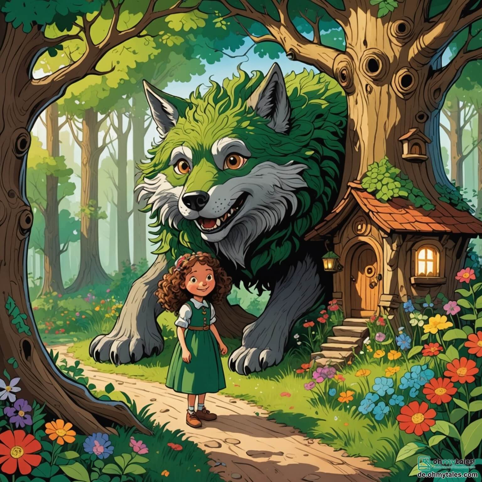 Une illustration destinée aux enfants représentant une petite fille aux cheveux bouclés et brillants, courageuse et malicieuse, se faufilant à travers une forêt enchantée aux arbres majestueux aux troncs noueux et aux feuilles d'un vert éclatant, où un grand méchant loup aux yeux perçants et au pelage grisâtre rôde, tandis qu'une douce grand-mère au sourire chaleureux l'attend dans sa charmante maisonnette en bois, ornée de fleurs colorées et de volets bleus, au bout d'un chemin de terre sinueux.