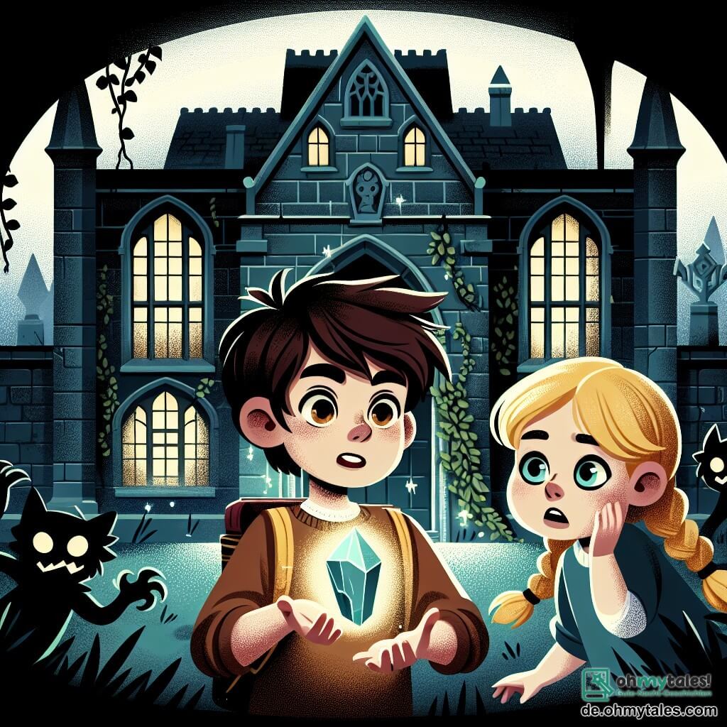 Une illustration sous forme de dessin destinée aux enfants représentant une vieille école au style gothique, avec des murs en pierre couverts de lierre et des fenêtres sombres, où un garçon de 11 ans aux cheveux bruns en désordre et aux yeux curieux, tenant un mystérieux cristal lumineux, se tient au centre, entouré d'une petite fille aux cheveux blonds en tresses, qui regarde avec inquiétude les ombres menaçantes qui dansent autour d'eux, alors qu'ils se préparent à affronter les forces obscures qui hantent le lieu.