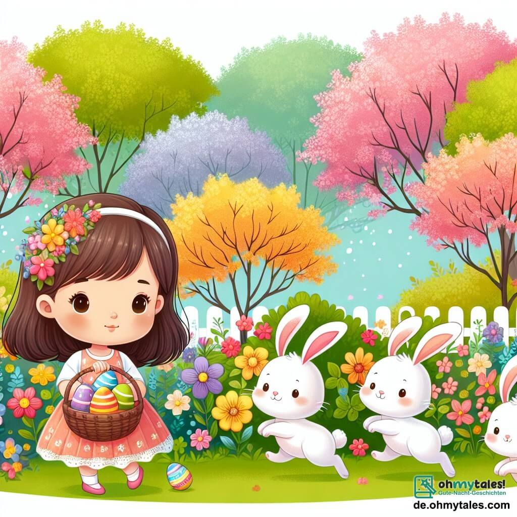 Une illustration destinée aux enfants représentant une fillette curieuse lors d'une chasse aux œufs de Pâques, accompagnée de trois adorables lapins dans un jardin fleuri aux couleurs vives et aux arbres en fleurs.