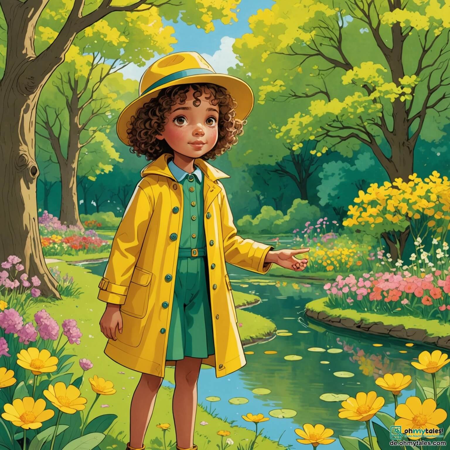 Une illustration destinée aux enfants représentant une petite fille aux cheveux bouclés et aux yeux pétillants, vêtue d'un imperméable jaune vif et d'un chapeau de détective, qui se tient devant un grand parc verdoyant, rempli de fleurs colorées, de grands arbres aux branches dansantes et d'un petit étang scintillant, tandis qu'elle enquête sur la mystérieuse disparition d'un précieux trésor de bonbons, aidée par son ami, un garçon curieux aux lunettes rondes, qui scrute attentivement une vieille carte au trésor.