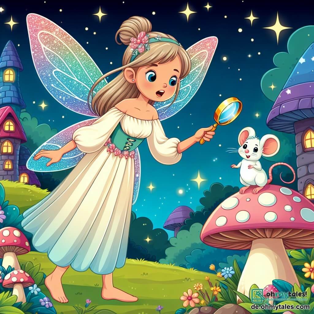 Une illustration destinée aux enfants représentant une jeune femme féérique, aux ailes scintillantes, cherchant des ingrédients magiques dans un ancien bois enchanté, accompagnée d'une petite souris mâle, dans un village aux maisons de champignons colorés, sous un ciel étoilé.