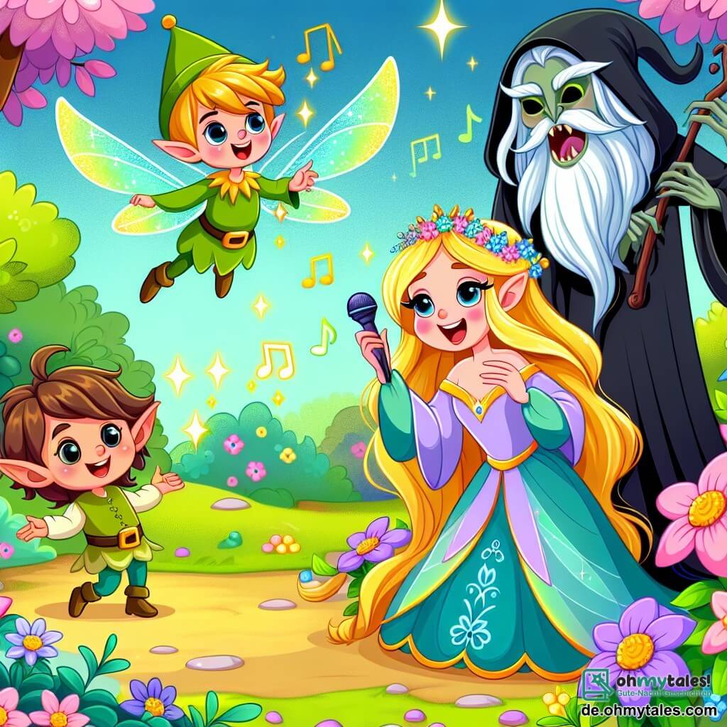 Une illustration sous forme de dessin destinée aux enfants représentant un jardin enchanté aux couleurs éclatantes, où une princesse aux longs cheveux dorés, vêtue d'une robe scintillante, chante joyeusement avec une petite elfe aux ailes vertes brillantes qui vole autour d'elle, alors qu'un sombre sorcier à l'apparence menaçante, avec une cape noire et des yeux perçants, écoute leur mélodie avec une expression de curiosité, capturant le moment où la magie de la musique commence à adoucir son cœur et à ramener les couleurs dans le royaume.