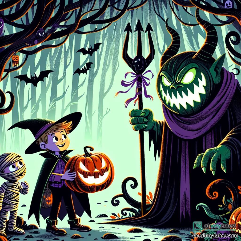 Une illustration sous forme de dessin destinée aux enfants représentant une forêt sombre et mystérieuse, avec des arbres tordus aux branches effrayantes, où une fille de 11 ans, vêtue d'un costume de sorcière noir avec un cape violet, tient une grande citrouille souriante tout en regardant avec curiosité un grand démon vert aux yeux brillants et aux dents pointues, qui se tient devant elle en souriant malicieusement, tandis qu'un garçon de son âge, déguisé en momie, se tient à ses côtés, les deux enfants semblant à la fois effrayés et fascinés par l'aventure d'Halloween qui les attend.