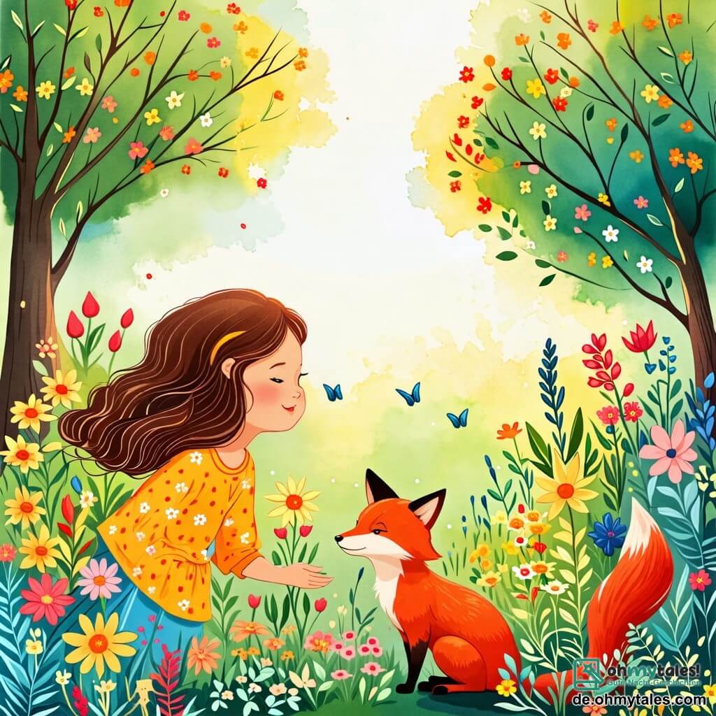 Une illustration sous forme de dessin destinée aux enfants représentant un jardin coloré et ensoleillé, où une femme aux longs cheveux ondulés et au sourire éclatant se penche pour cueillir une fleur brillante, tandis qu'un petit renard aux yeux tristes et au pelage roux l'observe avec espoir, le tout entouré de fleurs multicolores et d'arbres majestueux, symbolisant l'amitié et l'entraide dans un conte de fées.