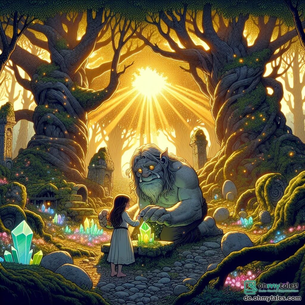 Eine Illustration zeigt eine verzauberte Lichtung, die im goldenen Licht der untergehenden Sonne badet. Majestätische Bäume mit knorrigen Stämmen und leuchtend grünen Blättern bilden einen schützenden Kreis um eine mit Moos bedeckte alte Ruine. In der Mitte steht ein imposanter Oger mit grauer Haut und glänzenden goldenen Augen, der vorsichtig unter den Trümmern sucht, sein Gesicht von Entschlossenheit und Sanftheit geprägt. Neben ihm beobachtet ein etwa zehnjähriges Mädchen mit langen kastanienbraunen Haaren und funkelnden grünen Augen neugierig und mutig, bereit zu helfen. Die Atmosphäre ist von Magie durchdrungen, mit schimmernden Glühwürmchen in der Luft und bunten Blumen, die aus dem Boden sprießen. Im Herzen des Waldes ruht ein leuchtender Kristall in schillernden Farben auf einem Steinsockel und erhellt die Szene mit einem mystischen Licht.