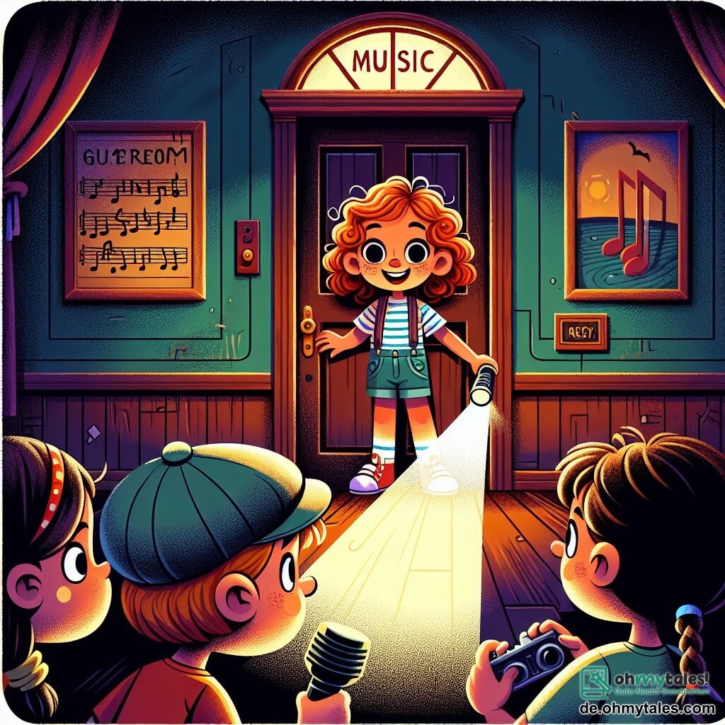 Une illustration sous forme de dessin destinée aux enfants représentant l'intérieur d'une école sombre et mystérieuse, avec des murs ornés de tableaux colorés et une lumière tamisée provenant d'une lampe de poche, où une fille de 9 ans aux cheveux roux bouclés et au sourire éclatant, vêtue d'un t-shirt à rayures et d'un short, se tient courageusement devant la porte du music room, tenant une lampe de poche dans sa main, tandis que deux de ses amis, un garçon aux cheveux bruns et une casquette, et une fille aux cheveux blonds en tresse, l'observent avec des yeux écarquillés, tous trois prêts à résoudre le mystère des bruits étranges entendus la nuit.