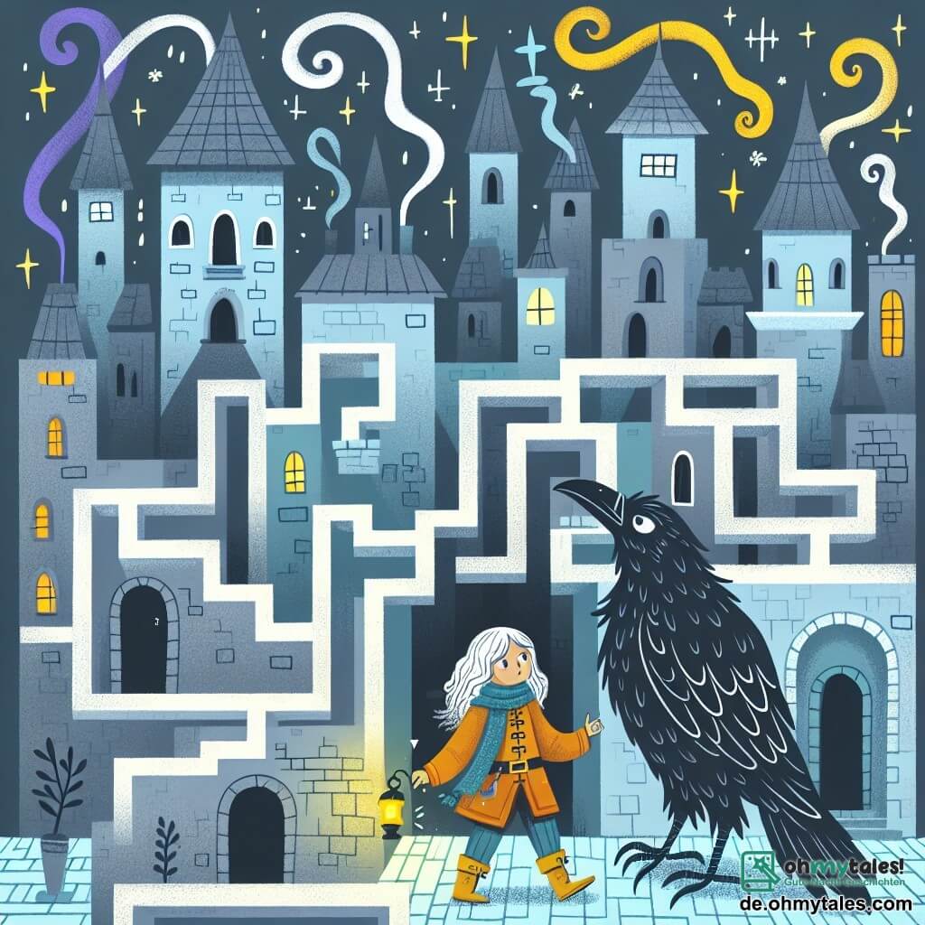 Une illustration destinée aux enfants représentant une jeune fille courageuse explorant un labyrinthe magique avec l'aide d'un mystérieux corbeau parlant, dans une ville urbaine aux tours grises et aux ruelles étroites illuminées par des feux-follets colorés.