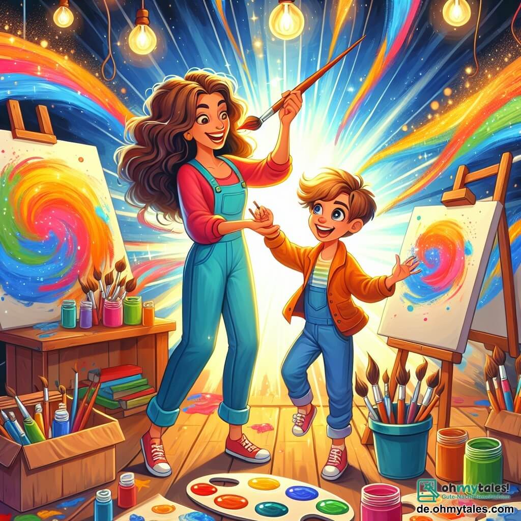 Une illustration sous forme de dessin destinée aux enfants représentant un atelier lumineux et coloré, rempli de toiles vibrantes et de pots de peinture, où une femme aux cheveux bouclés et aux vêtements éclatants, tenant un pinceau, guide un jeune garçon aux yeux pétillants et aux vêtements décontractés, alors qu'ils travaillent ensemble sur une toile, entourés de rires et de créativité, illustrant la magie de l'art et l'amitié naissante entre un mentor et son élève.
