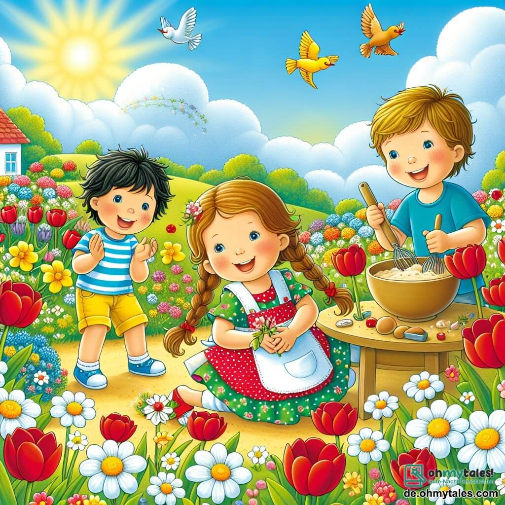 Illustration eines blühenden Gartens im Frühling, mit bunten Blumen wie roten Tulpen, weißen Gänseblümchen und gelben Narzissen, die im leichten Wind tanzen. In der Mitte spielen drei Kinder fröhlich: ein 6-jähriger Junge mit unordentlichen braunen Haaren, der ein blaues T-Shirt und eine gelbe Shorts trägt und lächelt, während er eine kleine Blume in der Hand hält. Neben ihm ein 5-jähriges Mädchen mit geflochtenen blonden Haaren, das ein rosa gepunktetes Kleid trägt und begeistert applaudiert. Schließlich ein weiterer 7-jähriger Junge mit schwarzen Haaren und Brille, der ein grünes T-Shirt und beige Hosen trägt und Zutaten in einer großen Holzschüssel mischt, bereit, Kekse zu backen. Im Hintergrund ist der Himmel blau mit einigen weißen Wolken, und Vögel singen fröhlich, was der Szene eine festliche Stimmung verleiht.