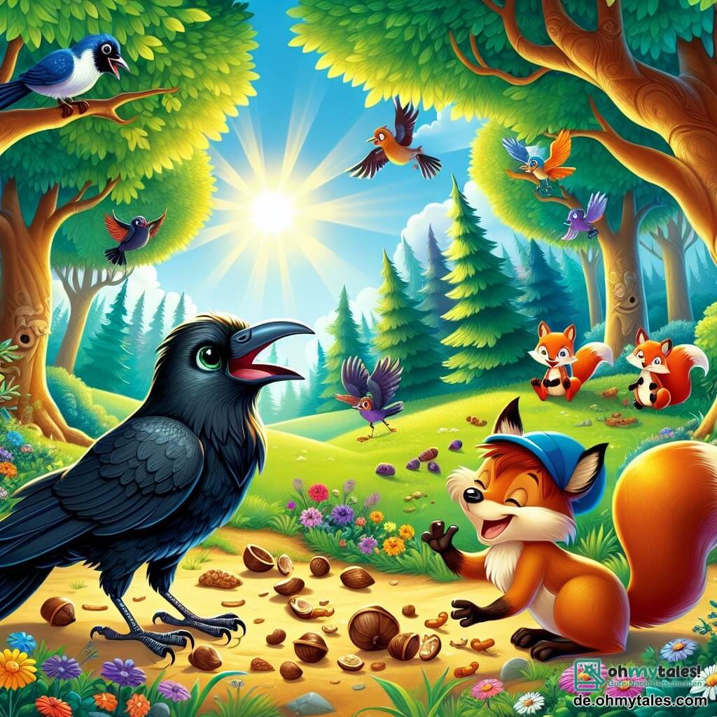 Illustration einer lebhaften Szene in einer sonnigen Lichtung des Zauberwaldes, umgeben von Bäumen mit leuchtend grünen Blättern und bunten Blumen, die im Wind tanzen. In der Mitte sitzt ein Rabe mit glänzend schwarzen Federn und funkelnden Augen auf einem niedrigen Ast, bereit, ein fröhliches Lied zu singen, seine Flügel leicht ausgebreitet. Neben ihm ein schelmisches Eichhörnchen mit braunem Fell und buschigem Schwanz, das eifrig Nüsse auf dem Boden aufliest und dabei lacht. Im Hintergrund beobachtet ein lebhaft roter Fuchs mit einem amüsierten Gesichtsausdruck die Szene, trägt einen blauen Hut, den er gefunden hat, was der Atmosphäre einen Hauch von Fantasie verleiht. Die Hauptsituation zeigt die Tiere, die sich versammelt haben, um ihre Freundschaft zu feiern, umgeben von Lachen und Freude, während Sonnenstrahlen durch die Äste brechen und die Lichtung in sanftes goldenes Licht tauchen. Zusätzliche Elemente sind Vögel, die in den Bäumen singen, und bunte Schmetterlinge, die umherflattern und eine festliche, warme Atmosphäre schaffen.