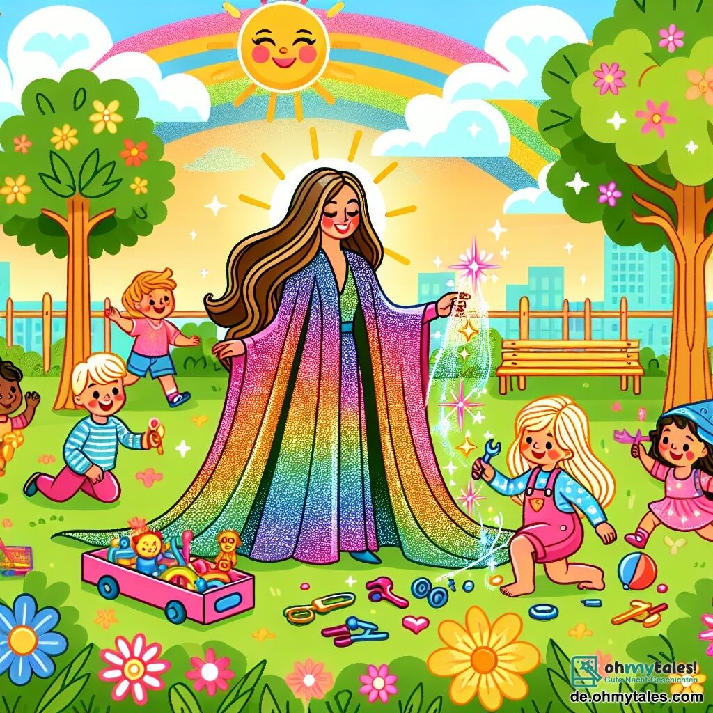 Une illustration sous forme de dessin destinée aux enfants représentant un parc ensoleillé rempli de fleurs colorées et d'arbres verdoyants, où une femme aux cheveux longs et brillants, vêtue d'un cape multicolore scintillant, sourit joyeusement en réparant des jouets cassés avec un éclat lumineux autour d'elle, tandis que des enfants, garçons et filles, aux visages rayonnants de bonheur, l'entourent en jouant avec des ballons et des jouets, créant une atmosphère de joie et d'amitié.