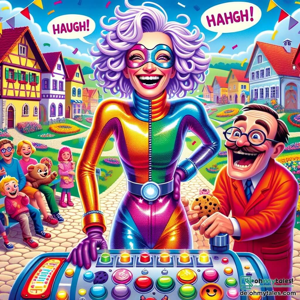Eine Illustration zeigt eine bunte und fröhliche Szene in einer kleinen Stadt namens Quatschhausen, wo lebhafte Häuser und blühende Gärten unter einem strahlend blauen Himmel stehen. Im Zentrum des Bildes steht eine Frau mit zerzausten lila Haaren, gekleidet in ein glänzendes und farbenfrohes Superheldenkostüm, mit einem breiten Lächeln und umgeben von einer Aura der Freude. Sie lacht herzhaft, ihre Augen funkeln vor Schalk, während eine Witzmaschine, voll mit Knöpfen und blinkenden Lichtern, Lachenblasen um sie herum ausstößt. Neben ihr versucht ein mittelalter Mann mit runden Brillen und einem Schnurrbart, der einen roten Overall trägt, die sich bewegende Maschine zu bändigen, sein Gesicht zeigt sowohl Amüsement als auch Verwirrung. Ein junger Junge mit blonden Haaren und strahlenden Augen steht im Hintergrund, lacht herzhaft und hält einen großen Keks in seinen Händen, fasziniert von der Show. Die Szene strahlt eine festliche Atmosphäre aus, mit Konfetti, das in der Luft schwebt, und Kindern, die fröhlich um sie herum tanzen. Lachen und Freude schweben in der Luft und zeigen die komische Energie und den Geist der Kameradschaft, die in dieser amüsanten Situation herrschen.