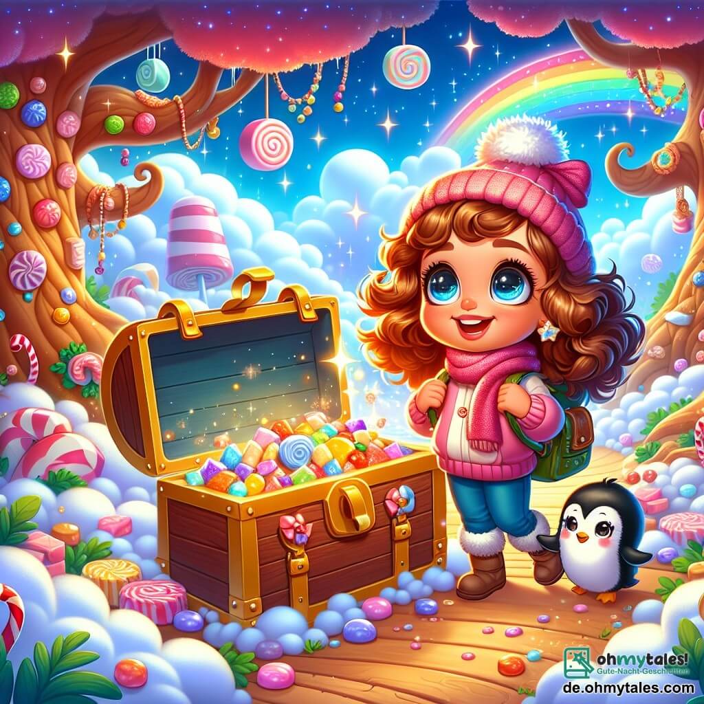 Une illustration sous forme de dessin destinée aux enfants représentant un magnifique forêt enchantée où les arbres sont faits de bonbons colorés et où des nuages en forme de guimauve flottent dans le ciel, avec une fille de 7 ans aux cheveux bouclés et aux yeux pétillants, souriante et tenant un sac à dos rempli de friandises, accompagnée d'un petit pinguin aux plumes douces et blanches qui boit un chocolat chaud, alors qu'ils découvrent une immense trousse en bois ornée de bonbons, prête à révéler un trésor de bulles scintillantes, le tout baignant dans une atmosphère joyeuse et ludique.