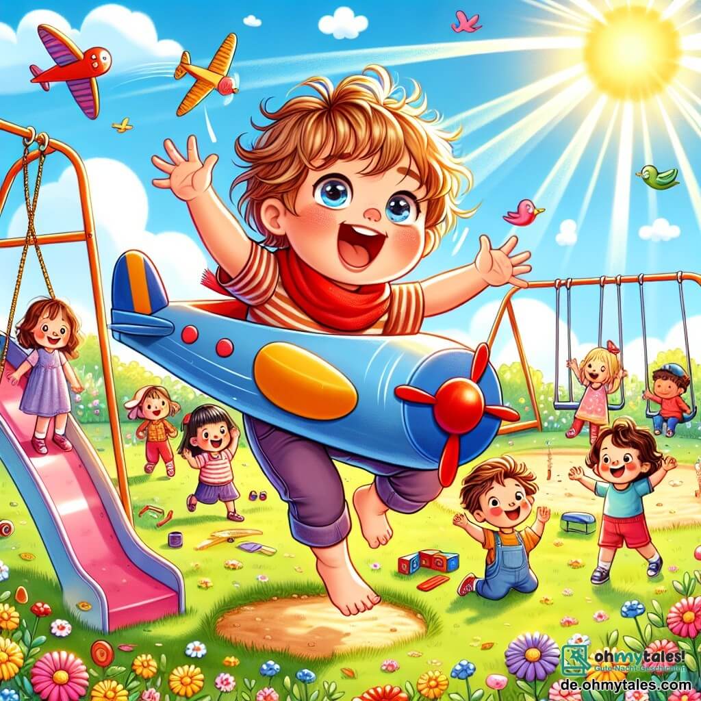 Eine Illustration zeigt einen weiten, sonnigen Spielplatz, der mit lebhaften Farben gefüllt ist. Schaukeln und eine bunte Rutsche stehen mitten auf einem grünen Rasen, der mit strahlenden Blumen übersät ist. Im Vordergrund sitzt ein einjähriger Junge mit zerzausten blonden Haaren und neugierigen Augen in einem großen Kartonflugzeug. Er lächelt breit, die Arme geöffnet, als würde er fliegen, während ein roter Schal hinter ihm weht. Um ihn herum versammeln sich mehrere Kinder im Alter von etwa 3 bis 5 Jahren. Ein kleines Mädchen mit lockigen braunen Haaren in einem rosa Kleid lacht und hebt die Arme, während ein Junge mit kastanienbraunen Haaren in einem blauen T-Shirt sich vorbeugt, um das Kartonflugzeug zu berühren. Alle wirken fröhlich und aufgeregt und teilen diesen Abenteuer-Moment. Die Szene fängt den Geist von Freundschaft und Vorstellungskraft ein, mit bunten Vögeln, die am blauen Himmel fliegen, und flauschigen Wolken im Hintergrund. Verstreute Spielzeuge rundherum verleihen der Illustration eine verspielte Note und beschwören eine Welt, in der kleine Abenteurer gemeinsam träumen und erkunden können.