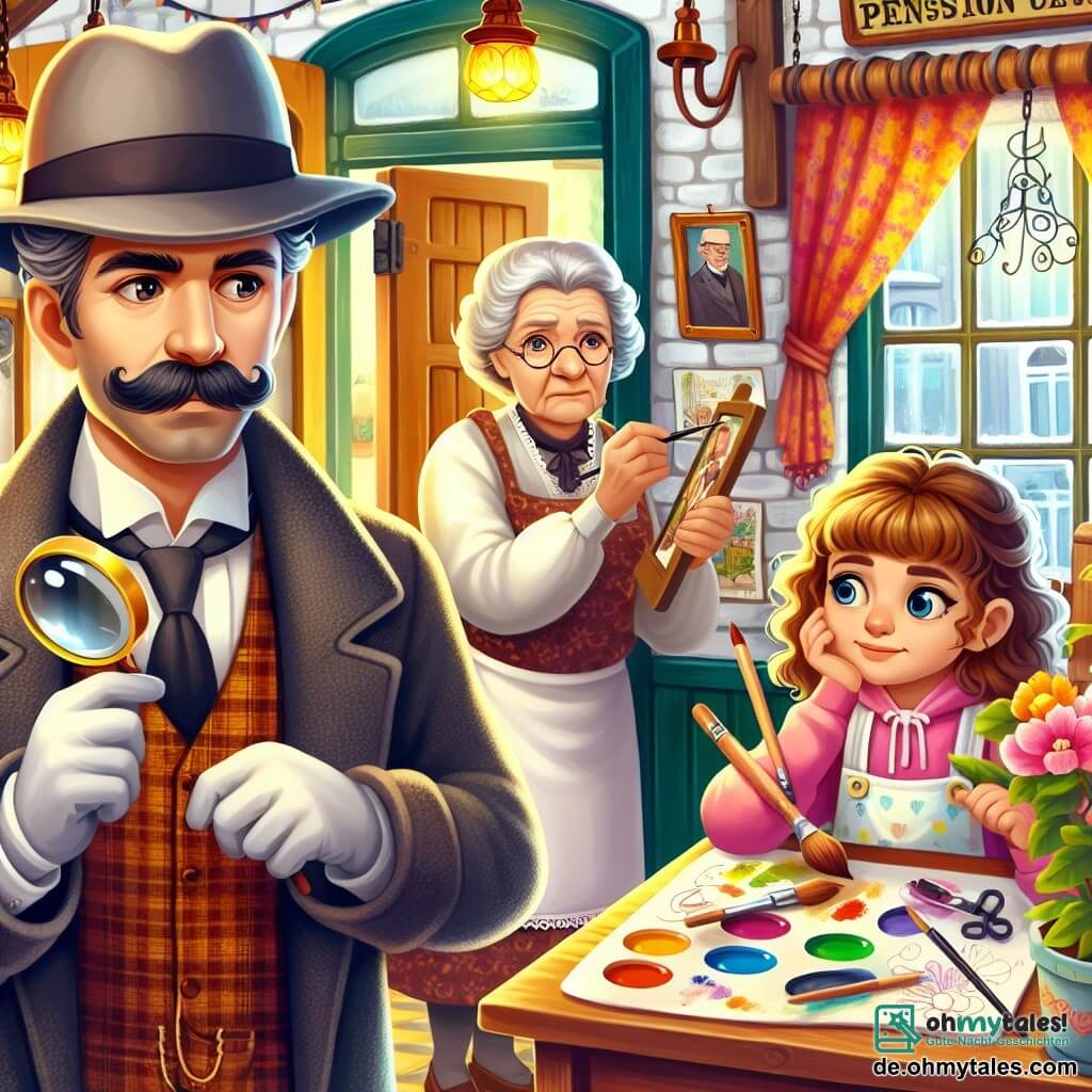 Une illustration sous forme de dessin destinée aux enfants représentant l'intérieur chaleureux et coloré de la Pension « Zur goldene Eiche », avec un homme détective au chapeau élégant et à la moustache soignée, tenant une loupe et examinant des indices sur une table, tandis qu'une femme âgée aux cheveux gris et au sourire bienveillant, vêtue d'un tablier, regarde avec inquiétude, et une jeune fille aux cheveux bouclés et aux yeux pétillants, tenant des pinceaux et des couleurs, observe la scène avec curiosité, alors qu'un mystère de vol d'œuvres d'art se déroule autour d'eux.