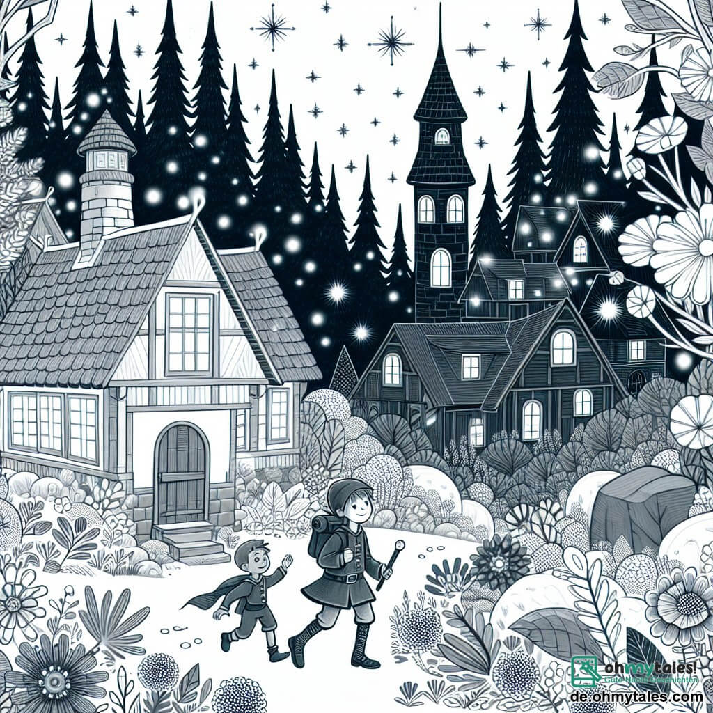 Une illustration destinée aux enfants représentant un géant bienveillant et curieux, accompagné d'un garçon courageux, explorant un village de maisons aux toits pointus et aux fenêtres étincelantes, caché au cœur d'une forêt enchantée aux arbres gigantesques et aux fleurs lumineuses.
